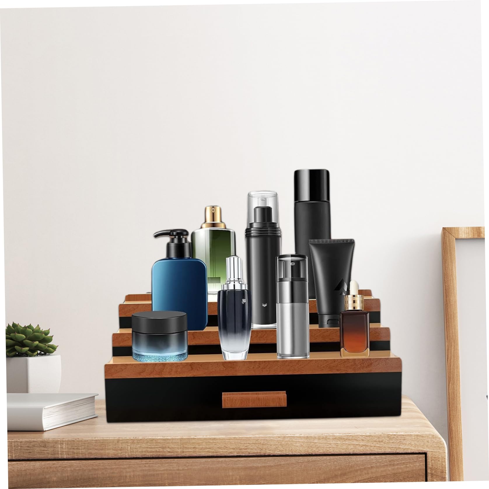 Organizador de perfumes, soporte de madera para perfumes de 12, 6x8, 7x4, 1 pulgadas, organizador de colonia elevado de 3 niveles con cajones con compartimentos, soporte de colonia portátil para tocad