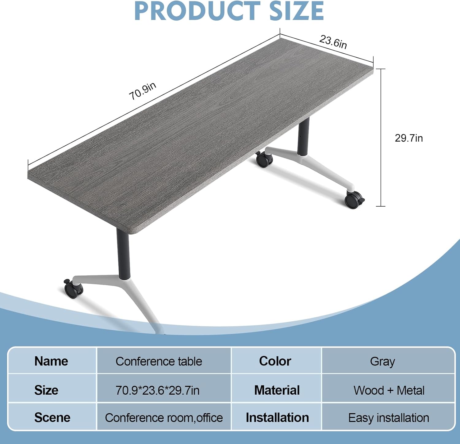 Folding Conference Table with Wheels - Mobile Training Table Rectangular Group Room Tables for Office,Meeting Room,School,Wooden(4, Gray, 71IN)
