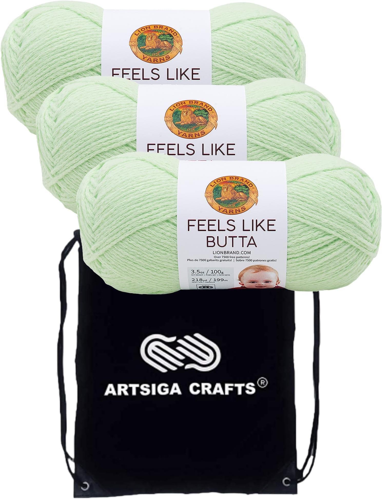Lion Brand Feels Like Butta Mint 215-156 (3-Skeins - Same Dye Lot) Worsted Medium #4 Polyester Yarn for Crocheting and Knitting with Project Bag