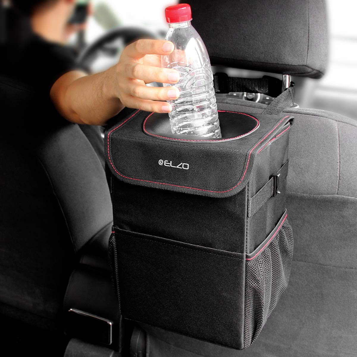 ELZO Waterproof Car Trash Can Garbage Can with Lid and 3 Storage Pockets Foldable Oxford Cloth Automotive Garbage Bin Black for Travel and Camping (Black+Red)