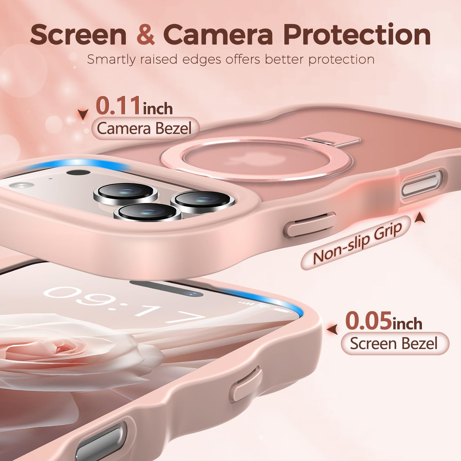 [Cute Wave Frame+Mag Stand] Designed for iPhone 17 Pro Max Case, [Fit for MagSafe] Translucent Silicone Protective Magnetic Ring Phone Case Cover for iPhone 17 Promax 6.9 inch Men Women, Pink - Image 4