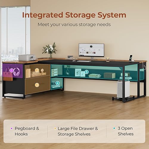 Miniatura 6 de 71" Executive Desk, Large Office Desk with Widen File Drawers & Power Outlets, Reversible L Shaped Computer Desk Corner Desk with Storage Shelves,