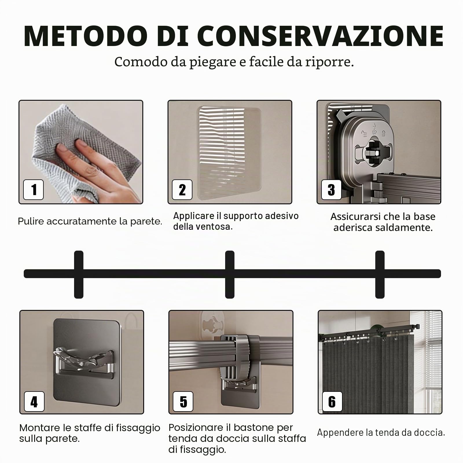 Tenda da doccia con asta, montaggio a parete, asta pieghevole, impermeabile, lavabile, per doccia angolare (versione a ventosa)