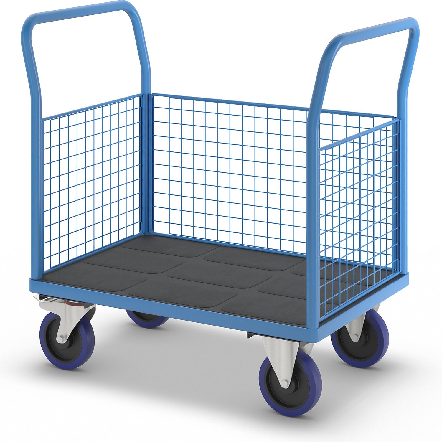 eurokraft pro | Plattformwagen mit Gitterwänden | Vollelastik-Rollen, 3 hohe Gitter, LxB 1000 x 675 mm