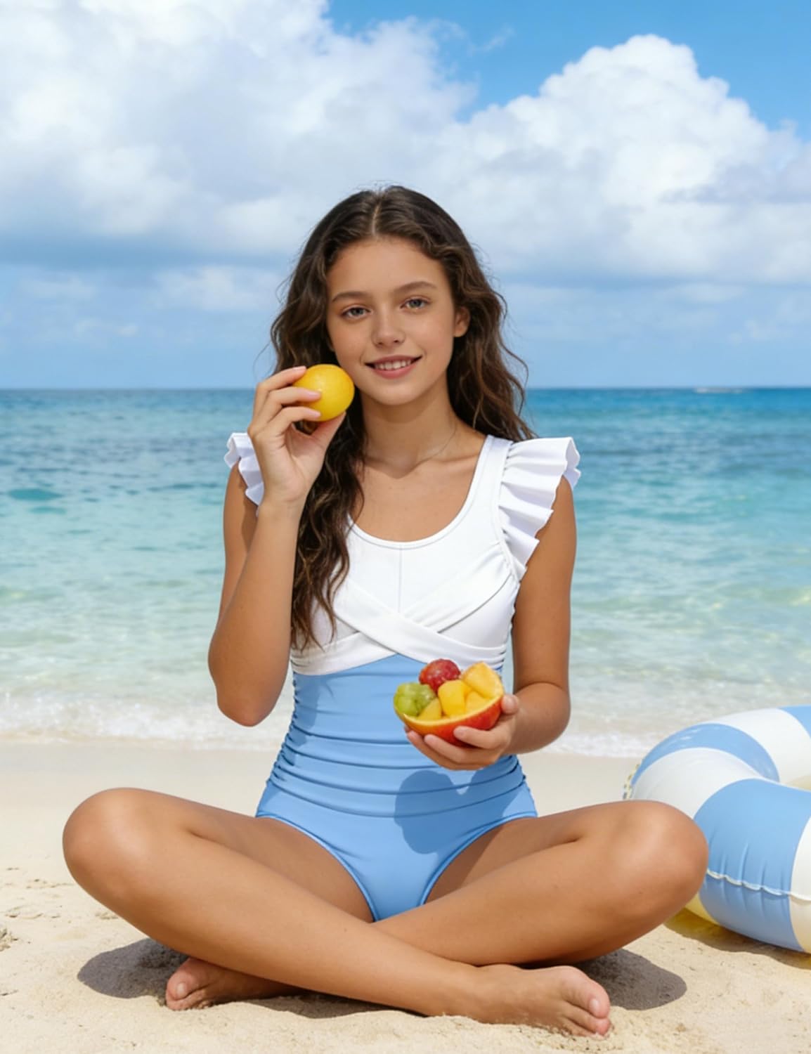 Girls Swimsuit One Piece Ruffle Trim Swimwear Criss Cross Girls Bathing Suit for 6-14 Years - Image 4