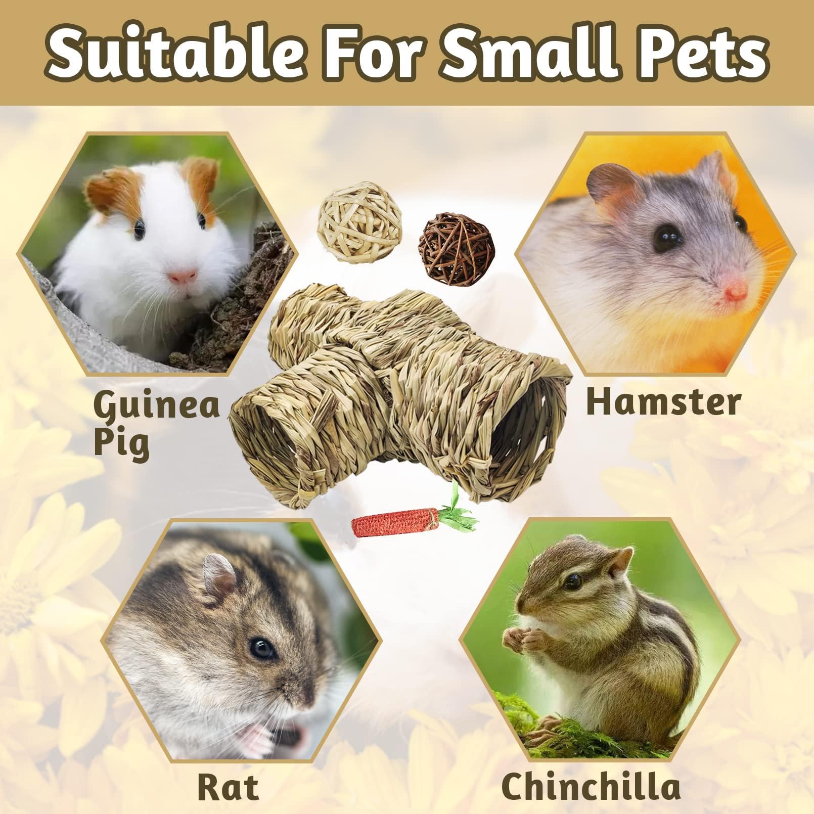 PINVNBY Túnel de Hierba para hámster, Juguete de escondite de la Naturaleza, túneles y Tubos de cobayas, casa de túnel de Paja con 4 entradas para Chinchillas, erizos, Ratas, jerbos (4 Piezas)