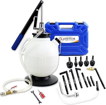 JIFETOR Transmission Fluid Refill Pump ATF Transfer Tool Kit, Manual Gearbox Oil Filler Set with 7.5L Oil Filling Can Dispenser 15PCS ATF Adapters Compatible with Ford Audi Mercedes Benz VW BMW