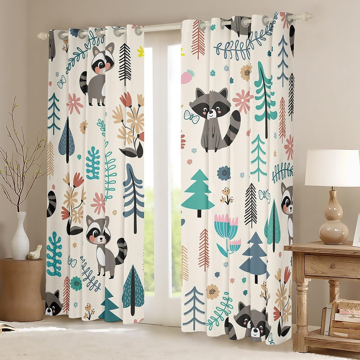 Feelyou Cute Raccoon Blackout Curtains Cartoon Raccon in Forest Darkening Drapes Kids Boys Girls Cute Wild Animals Window Curtains Nature Wildlife Window Treatments (2 Panels, 38 x 45 Inch)