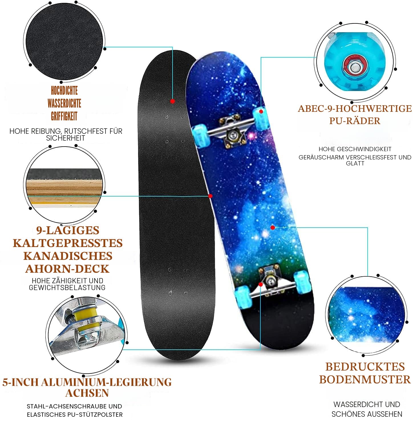 Skateboard Komplett 78,7 x 20,3 cm 9 Schichten Kanadisches Ahornholz Blinkende Räder Blau