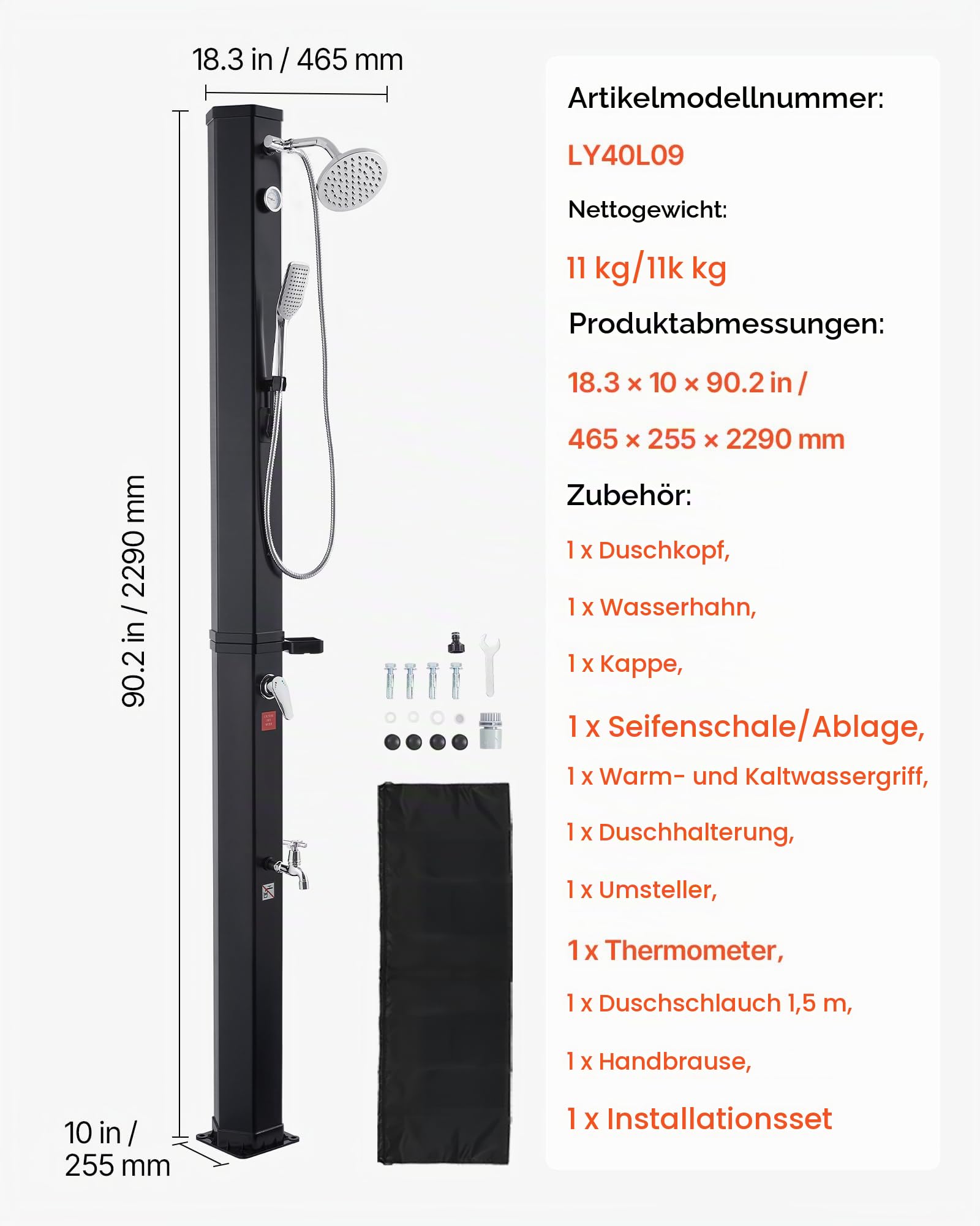 VEVOR Solardusche 40 L, Gartendusche 2290 mm, Außendusche, mit Hand-& Fußarmatur, Warm- & Kaltwasserregulierung, Pooldusche max. 60 °C, Campingdusche für Garten, Poolbereich, Strandpool, Schwarz