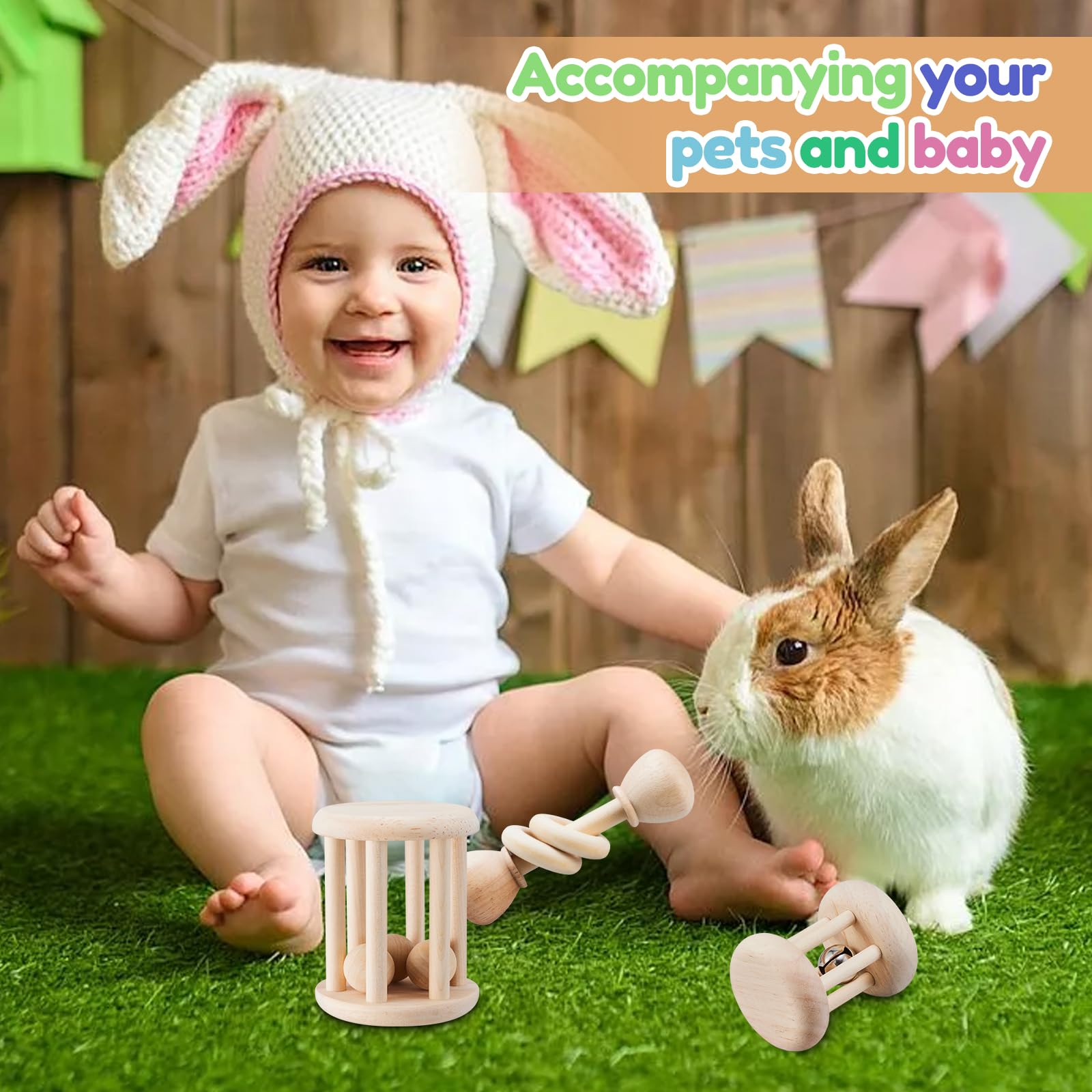 AOWPFVV 3 Pcs Wooden Bunny Toys - Safe Rabbit & Guinea Pigs Teeth Grinding Toys for Chinchillas, Hamsters & Small Animals - Indoor & Outdoor - image 7