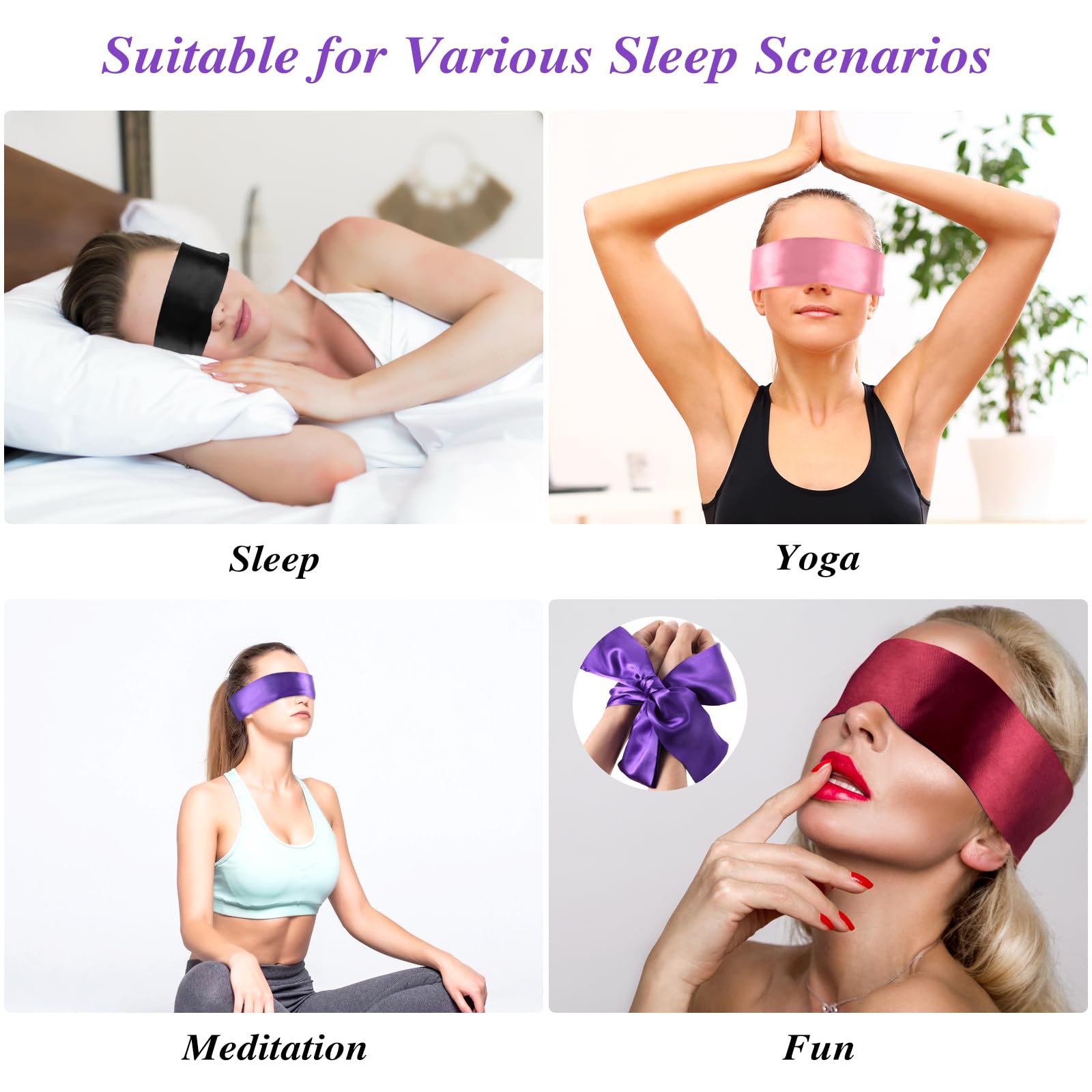 Oruola Lot de 4 Bandeaux pour les Yeux en Satin,Bandeau Yeux Nuit sexy pour les Adultes Couples Amoureu,Masque Oeil de Sommeil Satin doux pour le yoga,les voyages,la méditation,150 x 7 cm,Multicolore