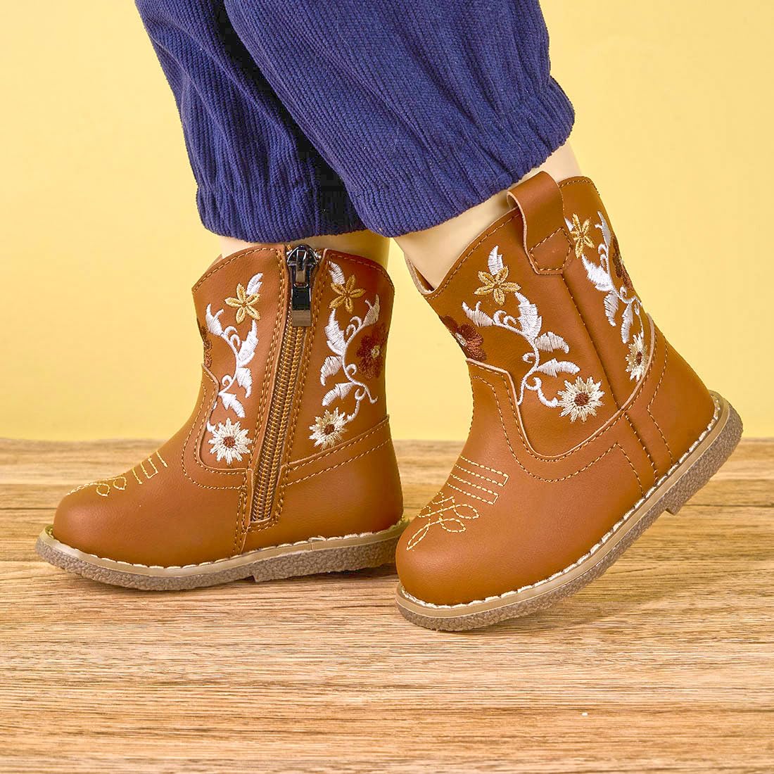 Newsonet Baby Cowboy Cowgirl Boots Western First Walker Shoes Boys Girls Round Toe Winter Boots All Seasons 6 9 12 18 24 Months Brown Size 12-18 Months Toddler