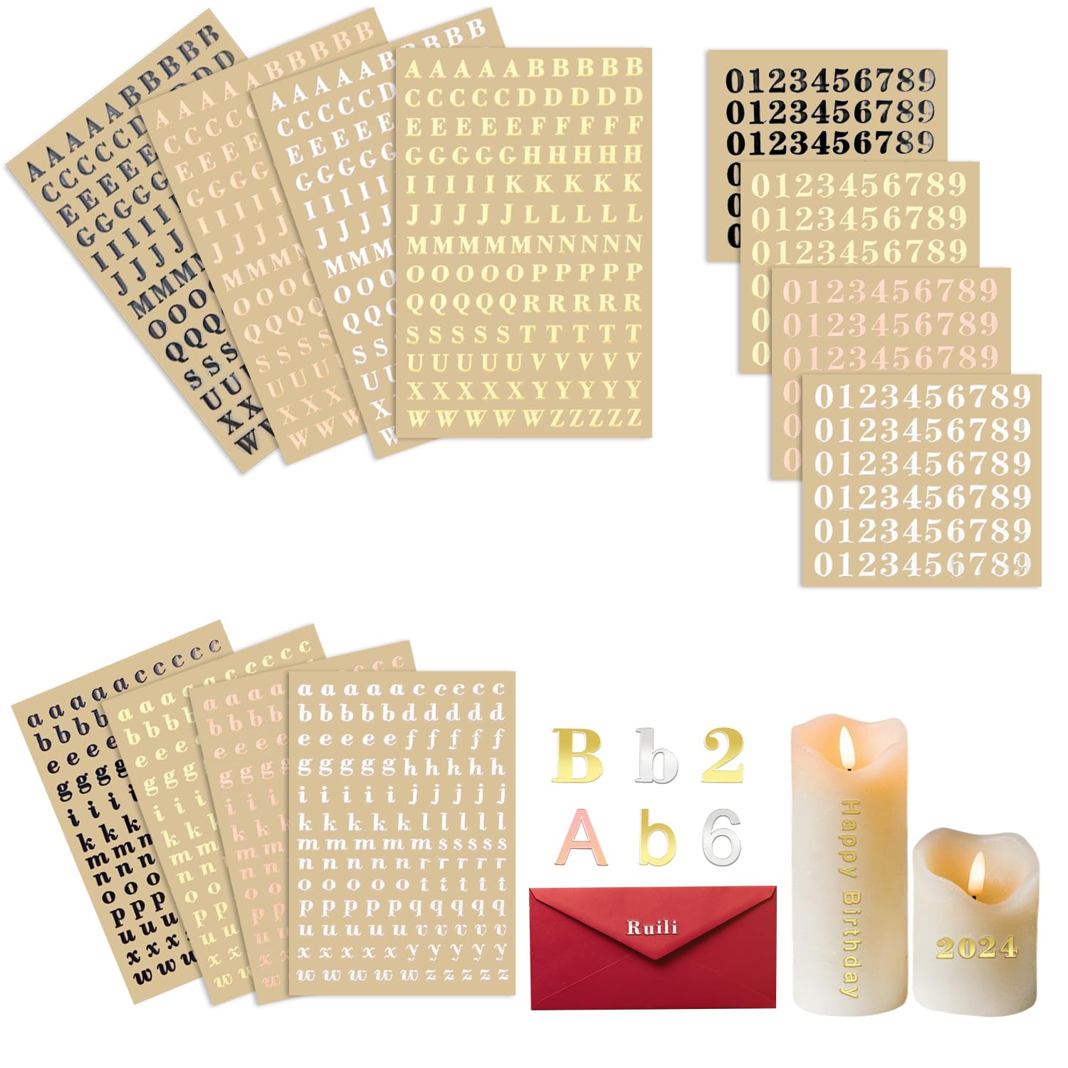 12 Hojas Letras Adhesivas Numeros Adhesivos Pegatinas Letras Adhesivas Pegatinas Letras Pegatinas Pequeñas Kit de Letras Números Adhesivos paraScrapbooking Etiquetado Decoración(Oro Plata y Oro Rosa