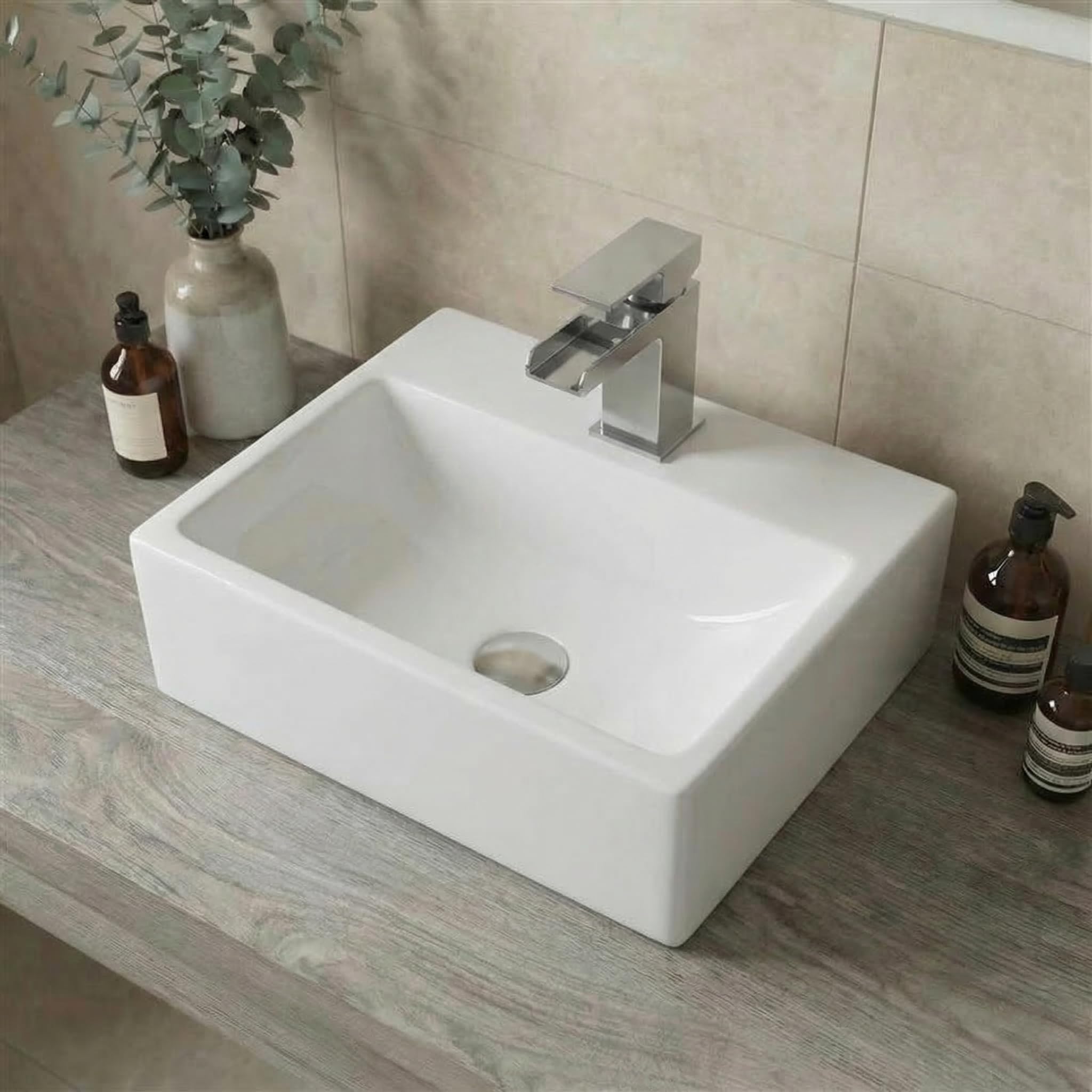 Affine® Countertop Basin for Bathroom and Cloakroom Hand Wash Basins Sink One Tap Hole Modern White Gloss Rectangular, 400 x 300mm
