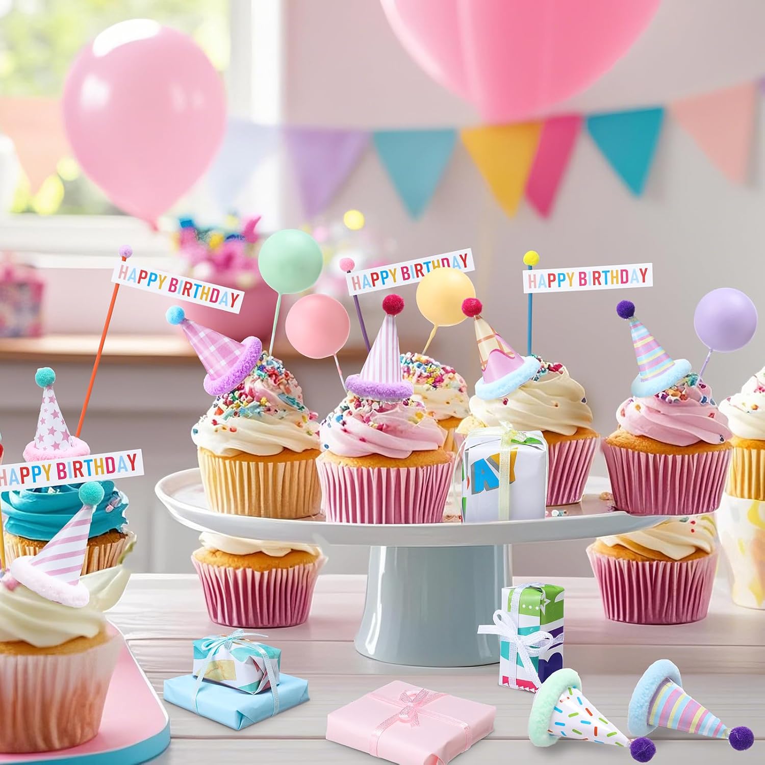 Weysat 22 Pcs Animal Birthday Party Decorations Animal Cake Cupcake Toppers with Mini Hats Miniature Flags Gift Boxes Balls for Jungle Safari Dollhouse Themed Birthday Party Favor Supplies, No Animals