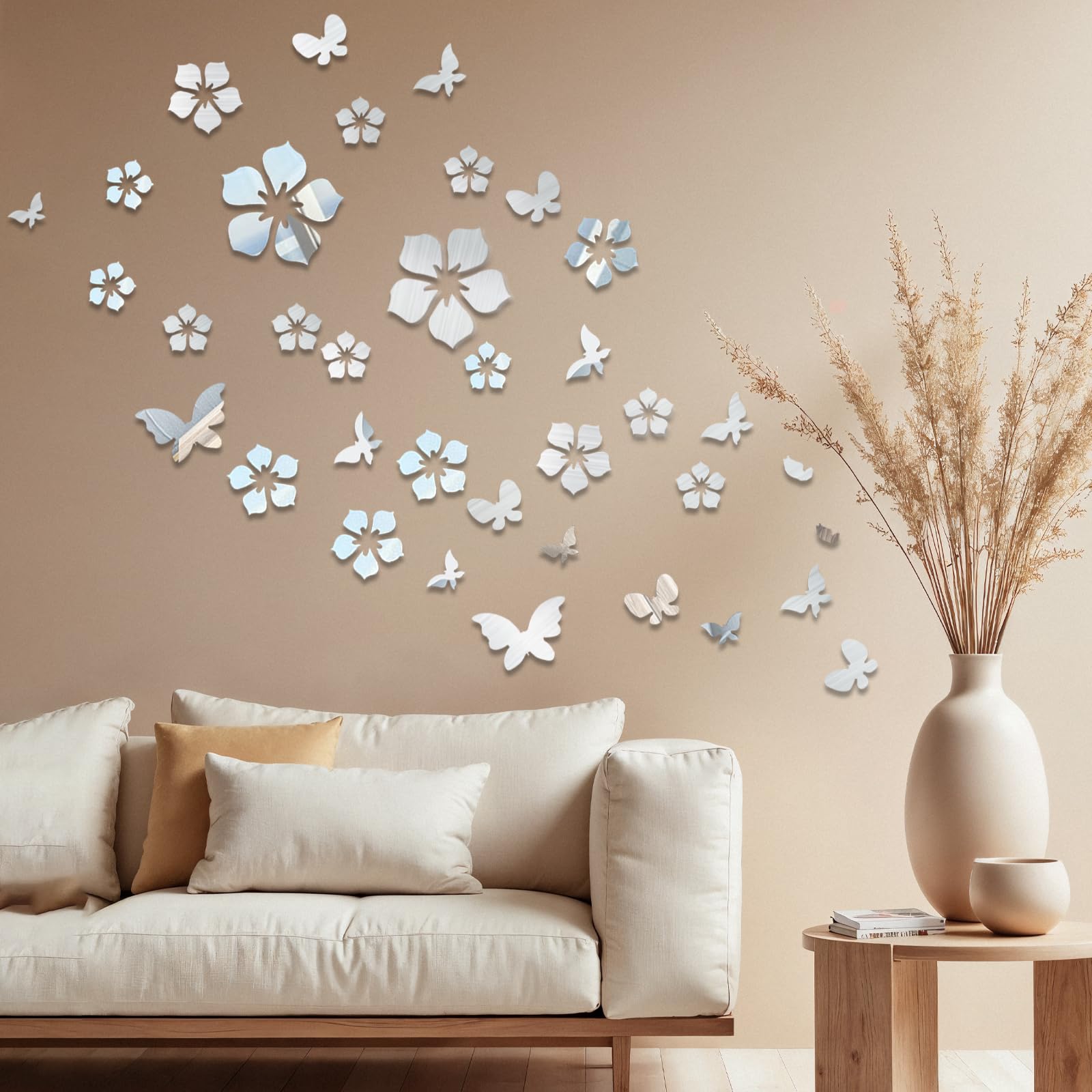 Ailelan Mirror Wall Stickers 36pcs Butterfly, Acrylic Self Adhesive Silver
