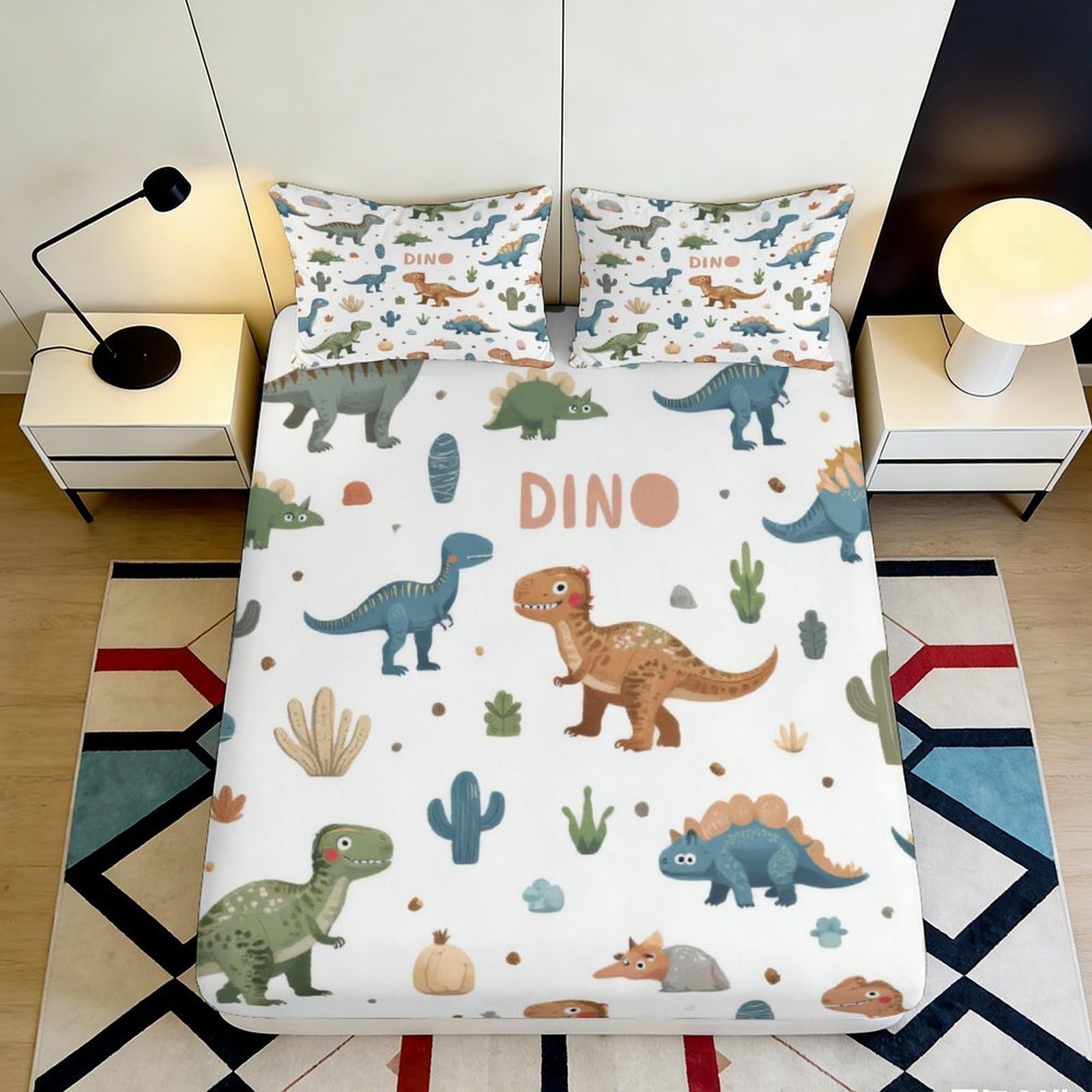 3D Printed Cartoon Dinosaur Fitted Sheet Microfiber Soft Non-Slip Mattress Cover for Bedroom Dorm Kid Teen Room Decor 200x200x25cm