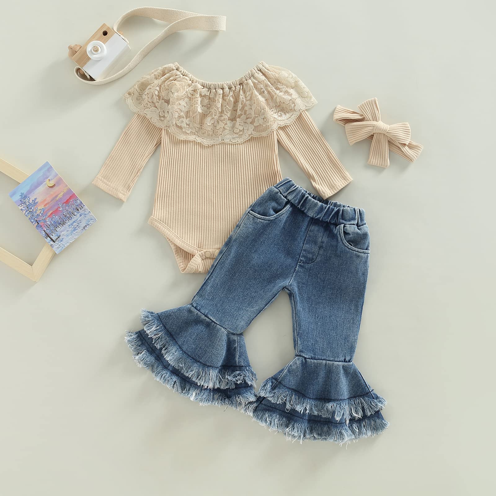Vintage Baby Girl Clothes Infant Lace Onesie Ribbed Romper+Ruffle Flare Jeans+Headband Boho Spring Outfit (A Lace Oneise+Flare Jeans,12-18 Months)
