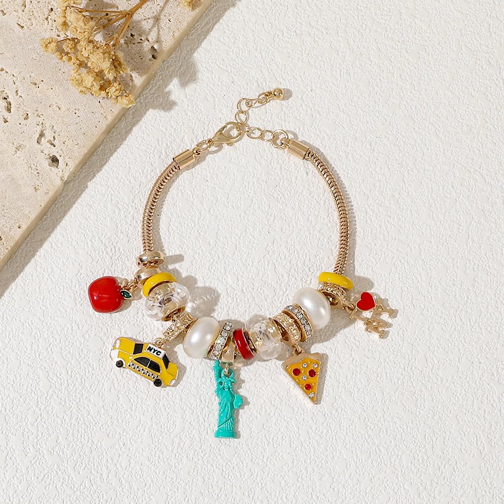 Madison Tyler New York Italian Mexico Travel Bracelet for Women | Gold Plated Beaded Charm Adjustable Snake Chain Bracelet Jewelry