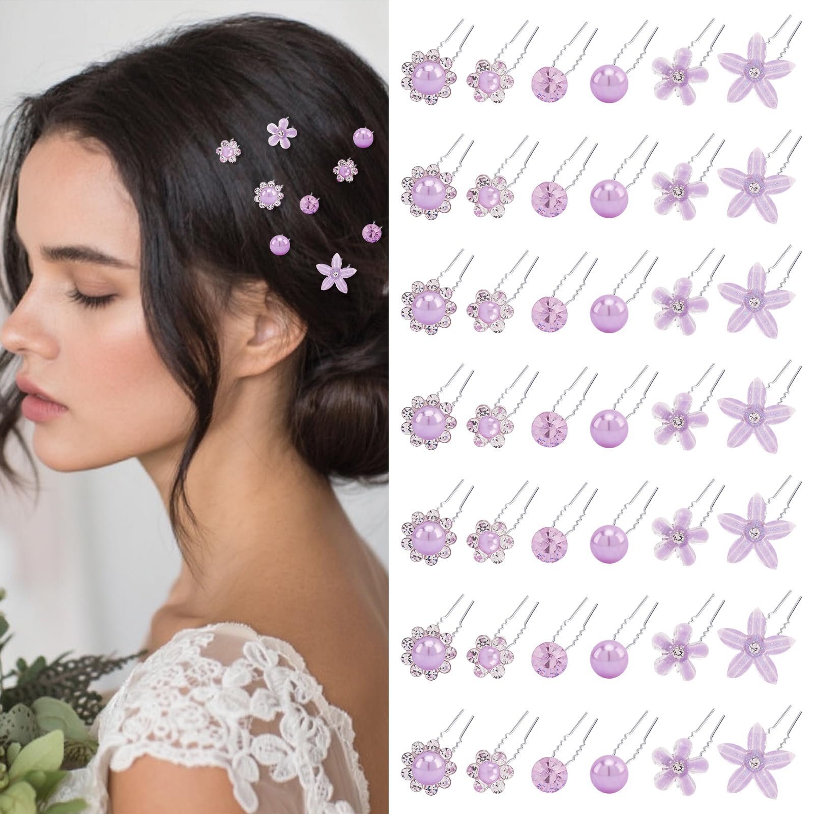CUBACO 42PCS Mini Hair Pins for Girls, Cute Purple Wedding Hair Accessories for Women Flower Clips Rapunzel Costume for Women Bridal Pins Decorative for Brides Bridesmaids, Gift for Girls