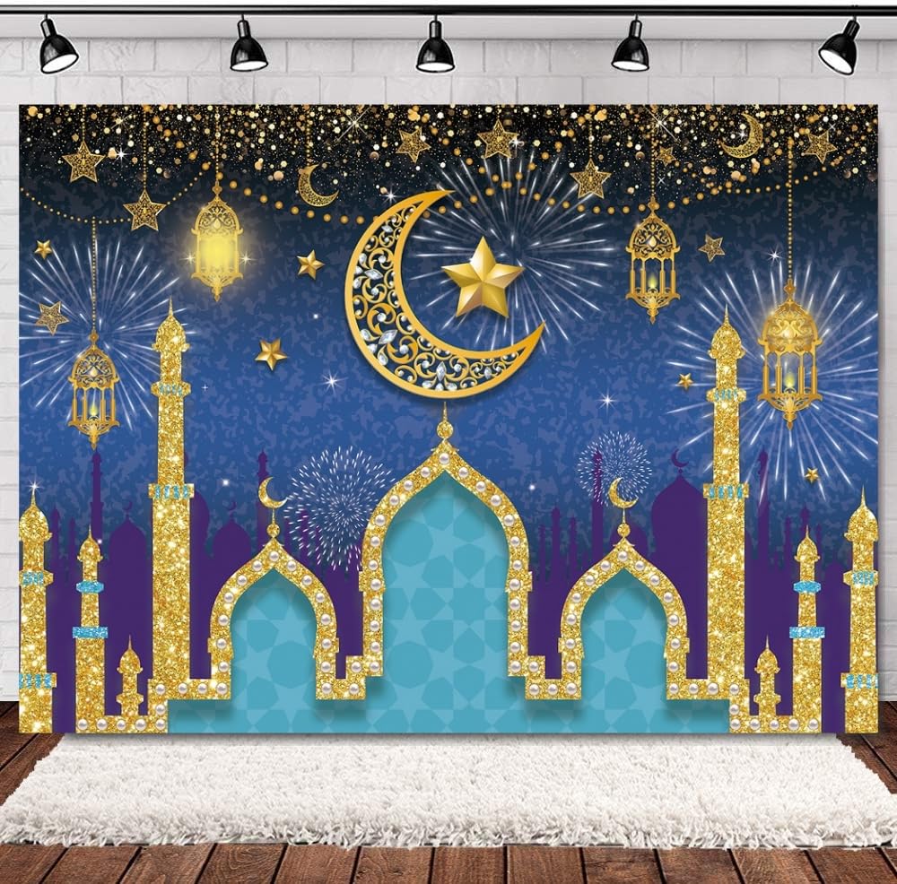 INRUI Eid Mubarak sfondo fotografico musulmano notte araba lanterna luna castello decorazione partito sfondo (2,1 x 1,5 m)