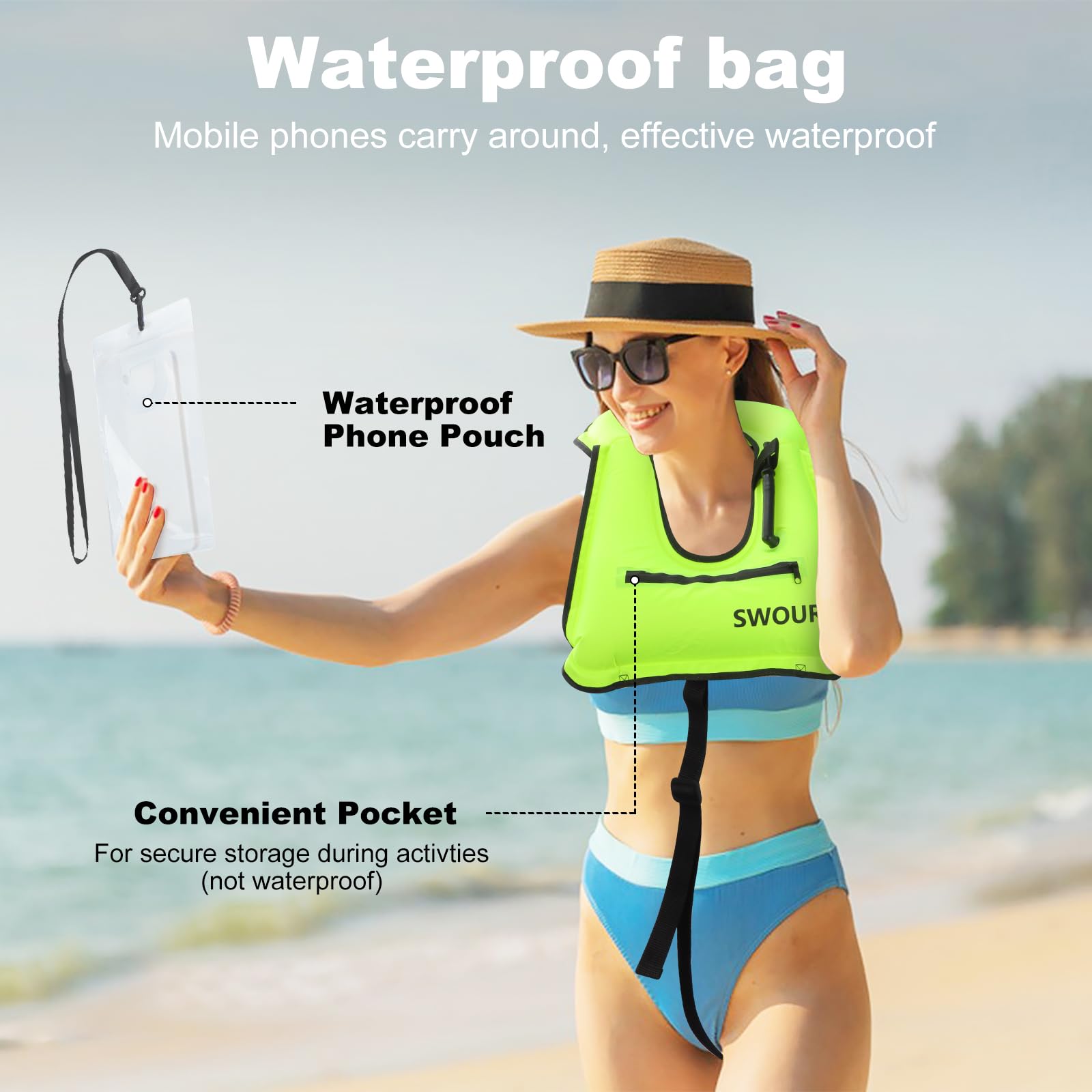 Aufblasbare Schnorchelweste, kostenloses Tauchen Schwimmen Sicherheit Last bis zu 220 Ibs-Mit wasserdichter Tasche
