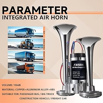 FARBIN Air Horn 24V Train Horn Truck Horn with Compressor 24V Airhorns Horn Loud Double Trumpet Chrome Plated for All 24V Vehicles