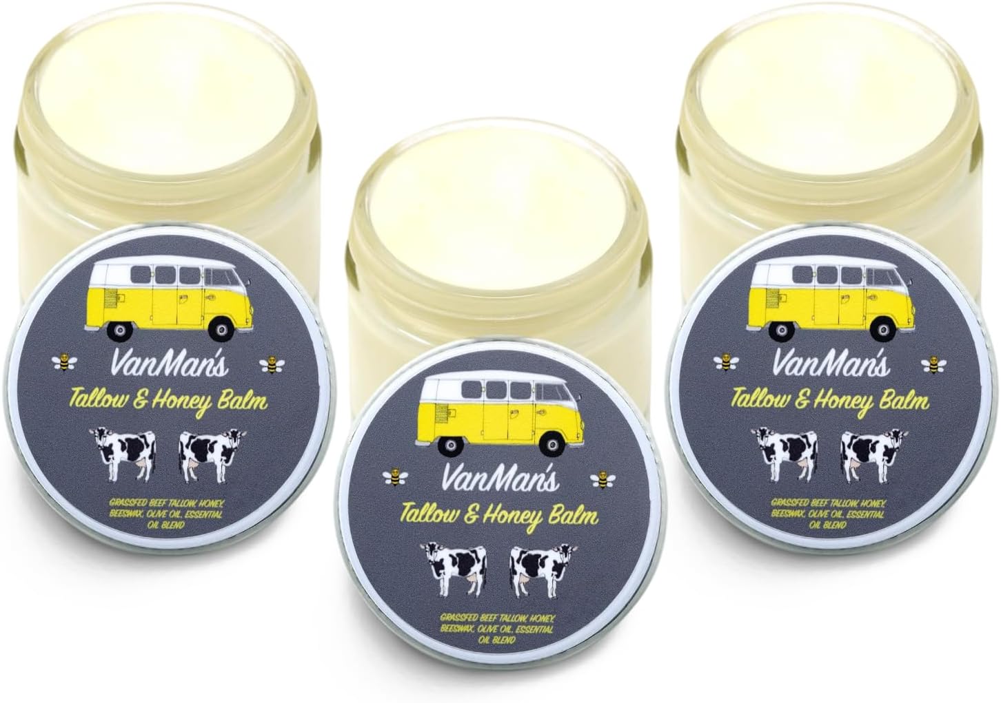Vanman's Tallow and Honey Balm (3 Pack) - Tallow Face Moisturizer with Pure Grass-Fed/Finished Beef Tallow for Skin and Essential Oils, Organic Raw Honey and Beeswax, Cold Pressed Olive Oil - 2 oz
