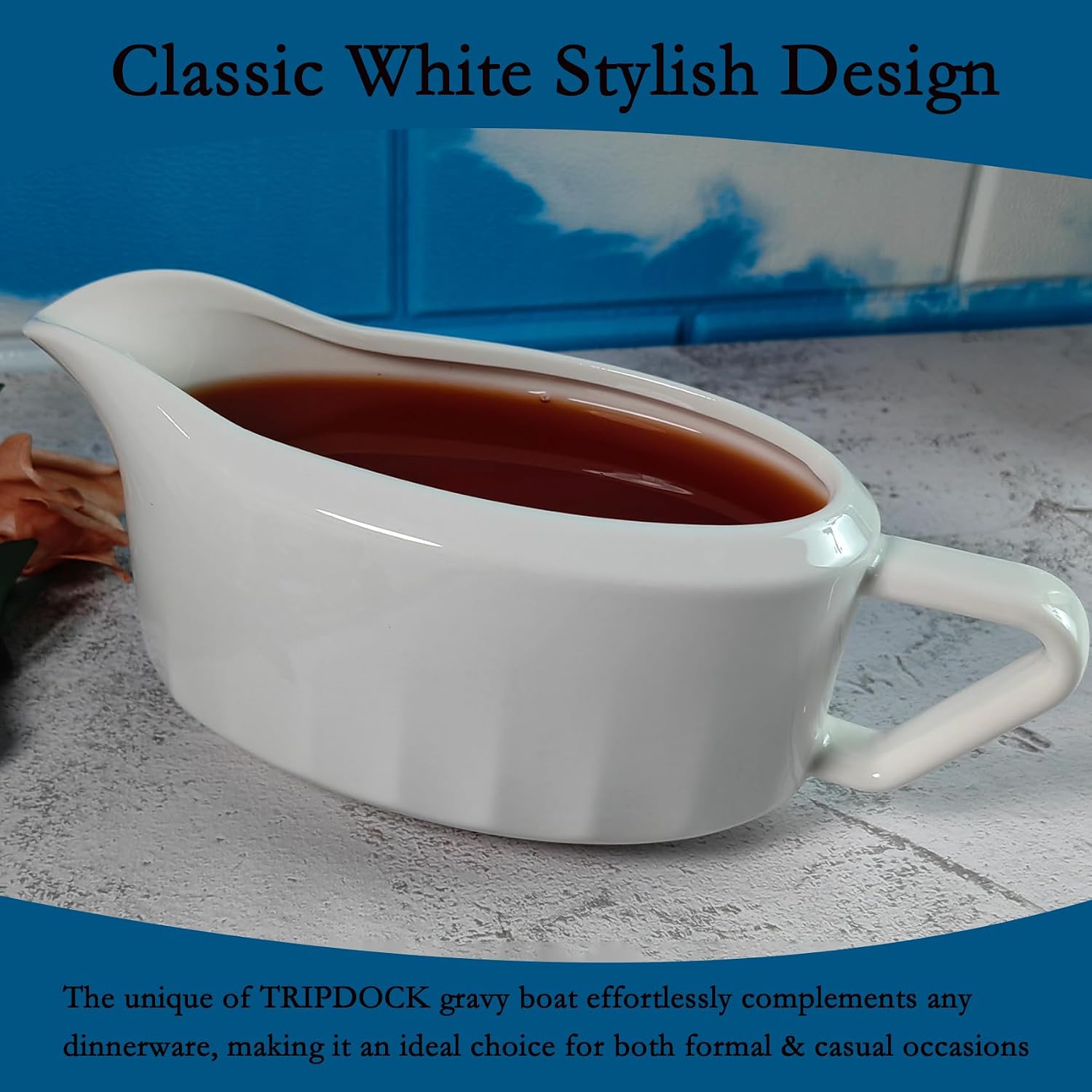 TripDock Large Capacity Gravy Boat-24 Oz Thanksgiving Farmhouse Gravy Boat/White-Perfect Addition to Your Holiday Table Setup