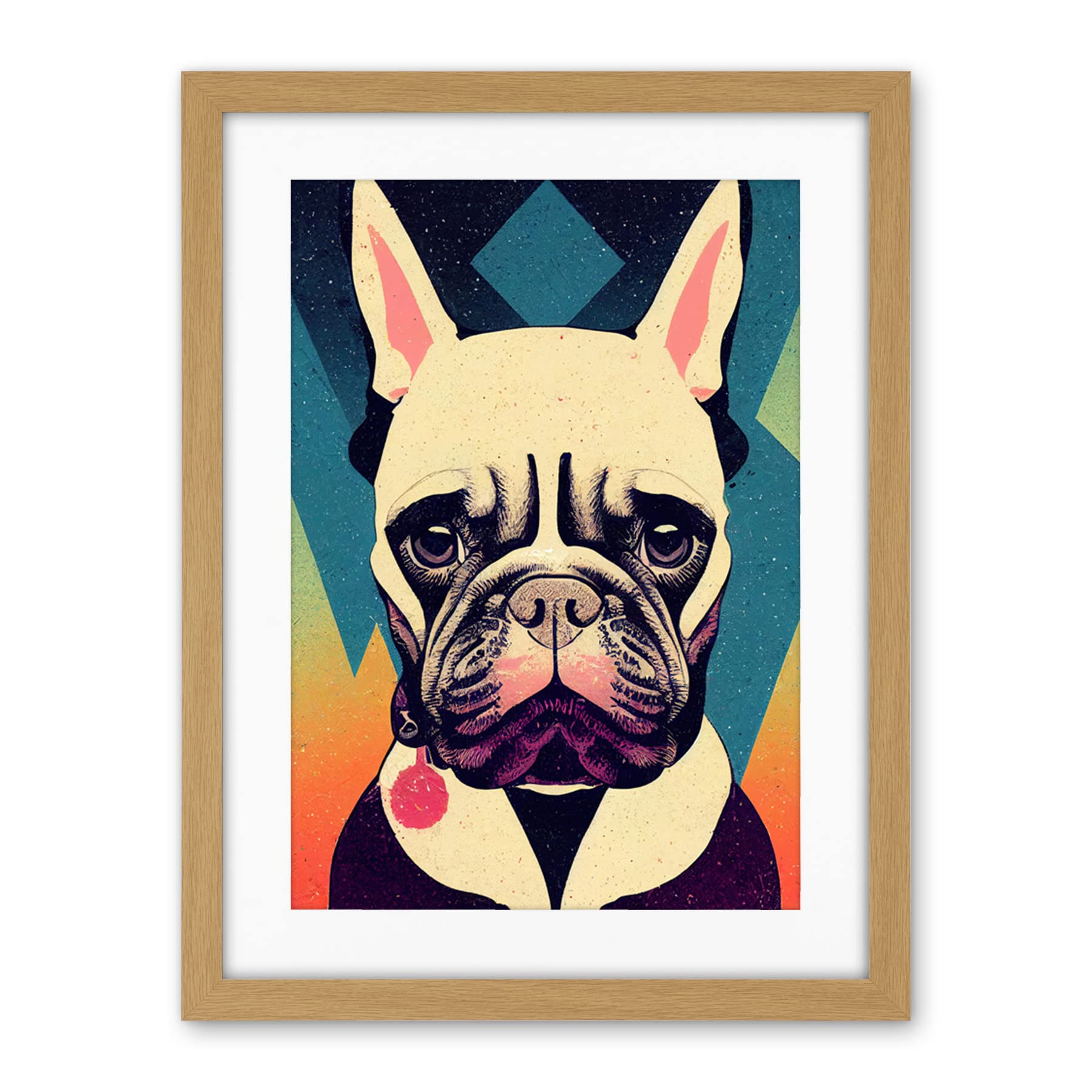 Wee Blue Coo French Bulldog Portrait Geometric Pastel Modern Illustration Artwork Framed Wall Art Print 18X24 Inch