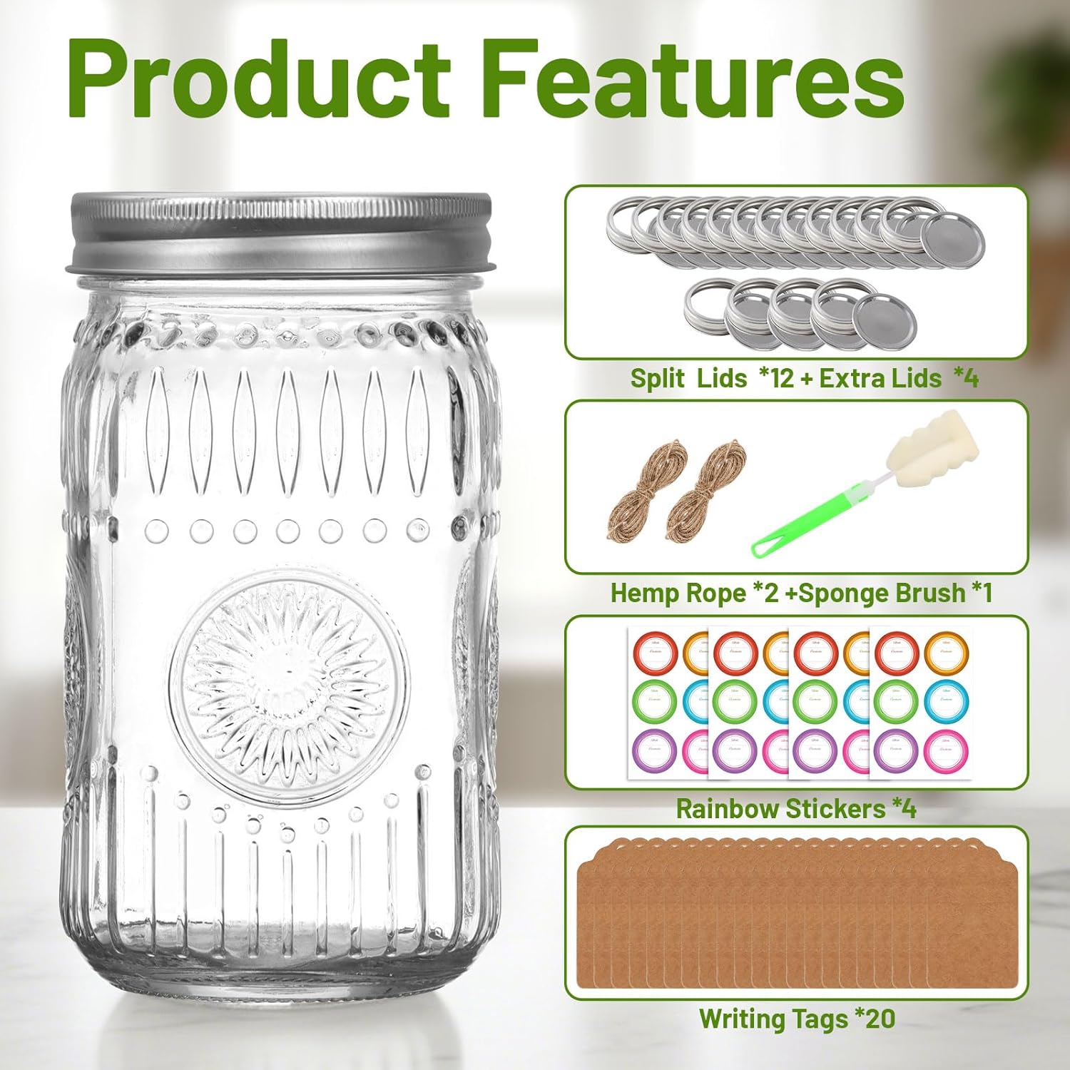 32 oz Wide Mouth Mason Jars with Airtight Lids and Bands, 12-Pack with Extra 4 Lids, Tags & Twine, Quart Glass Canning Jars for Overnight Oats, Pickling, Food Storage, DIY Crafts, Wedding Favors Clear-32oz 12pcs