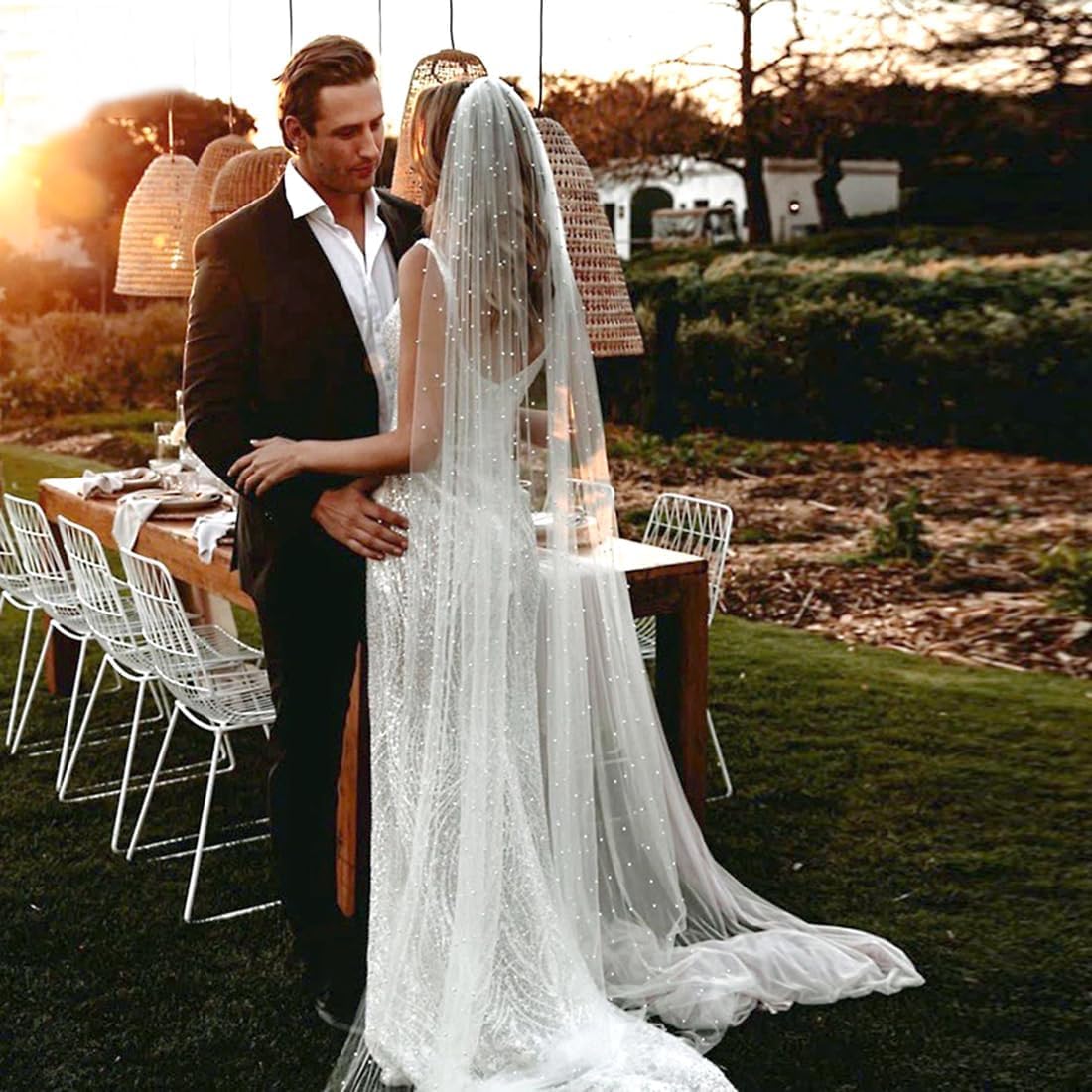 chrumeshi Long Wedding Bride Veil Pearl Chapel Length Veils For Women With Comb - Image 3