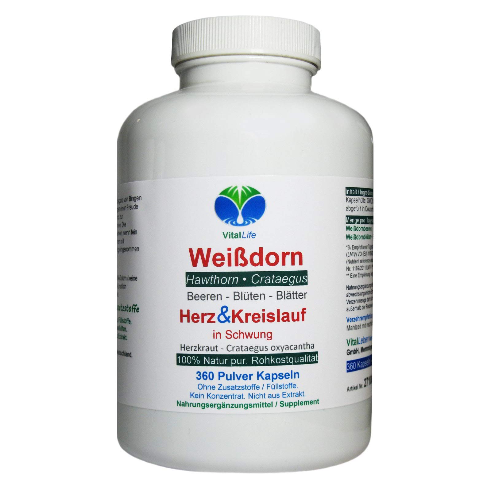 WEISSDORN Weißdorn "HERZKRAUT" 360 Kapseln Durchblutung & Herz-Kreislauf-System. NATUR pur. Weißdornbeeren & Weißdornblätter & Weißdornblüten. OHNE ZUSATZSTOFFE. 27100-360