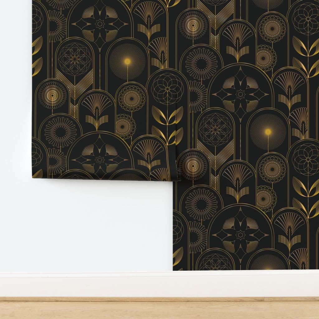 Spoonflower Peel & Stick Wallpaper Swatch - Art Deco Flower 1920s Gold Floral Black Flowers Geometric Dark Custom Removable Wallpaper