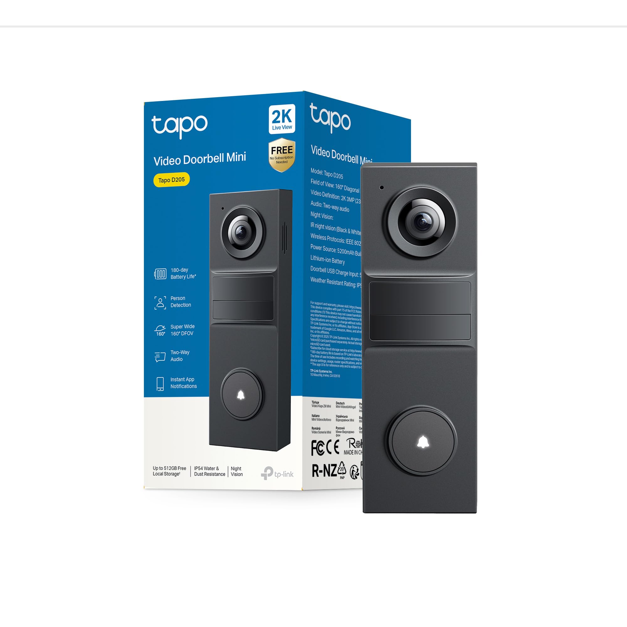 Tapo D205 Akku-Videotürklingel | WLAN Türklingel mit Kamera | 2K, 160° Weitwinkel, Zwei-Wege-Audio | Integrierter Akku | Lokale Speicherung auf microSD & H500 HomeBase | Kompatibel Solarpanel