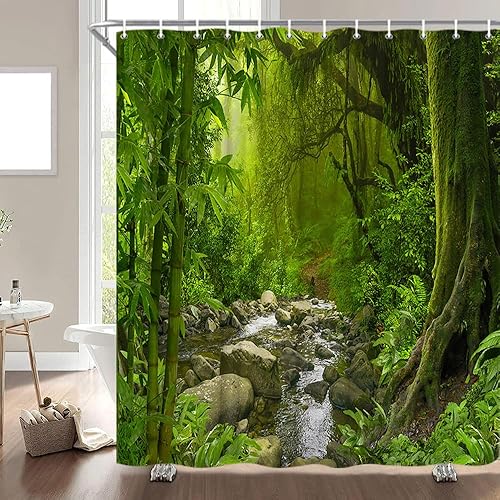 Miniatura 2 de Cortina de ducha de selva tropical, verde selva, bosque, arroyo, plantas exóticas, naturaleza primitiva, naturaleza, paisaje botánico, decoración de