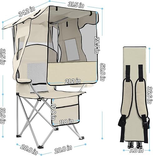 Miniatura 3 de ptlsy Silla de camping plegable con toldo, silla de playa con toldo con portavasos, bolsa enfriadora para campamento, pesca, playa, deportes y