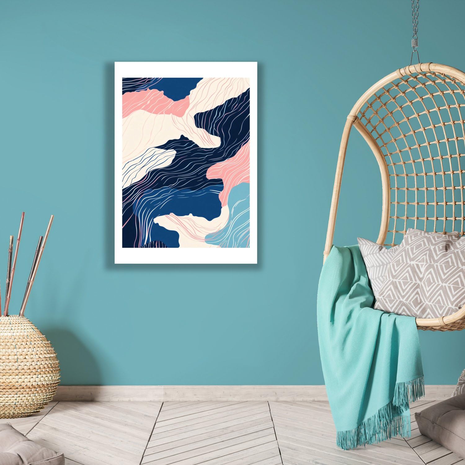 Spiffing Prints Contour Flow – Bleu marine et blush Topographique Abstrait – Ligne minimaliste moderne – Extra Large – Impression d'art semi-brillante