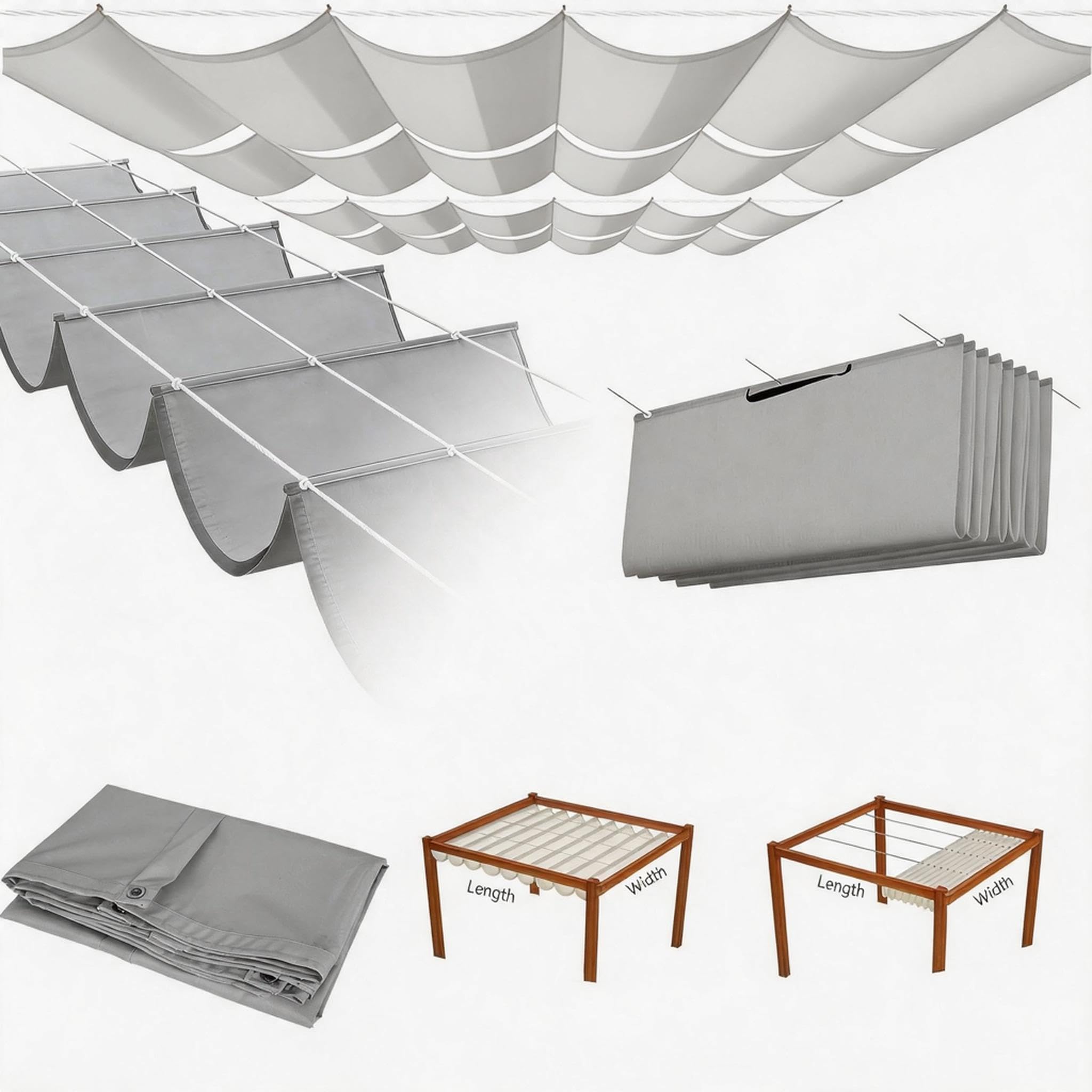 Verstellbar Wellenmarkise 230 x 300 cm Wetterschutz, Windschutz UV Schutz, Sonnenschutz, Wetterbeständig, Sonnenschutz Terrasse mit Seilen für Balkon Terrasse Garten, Hellgrau