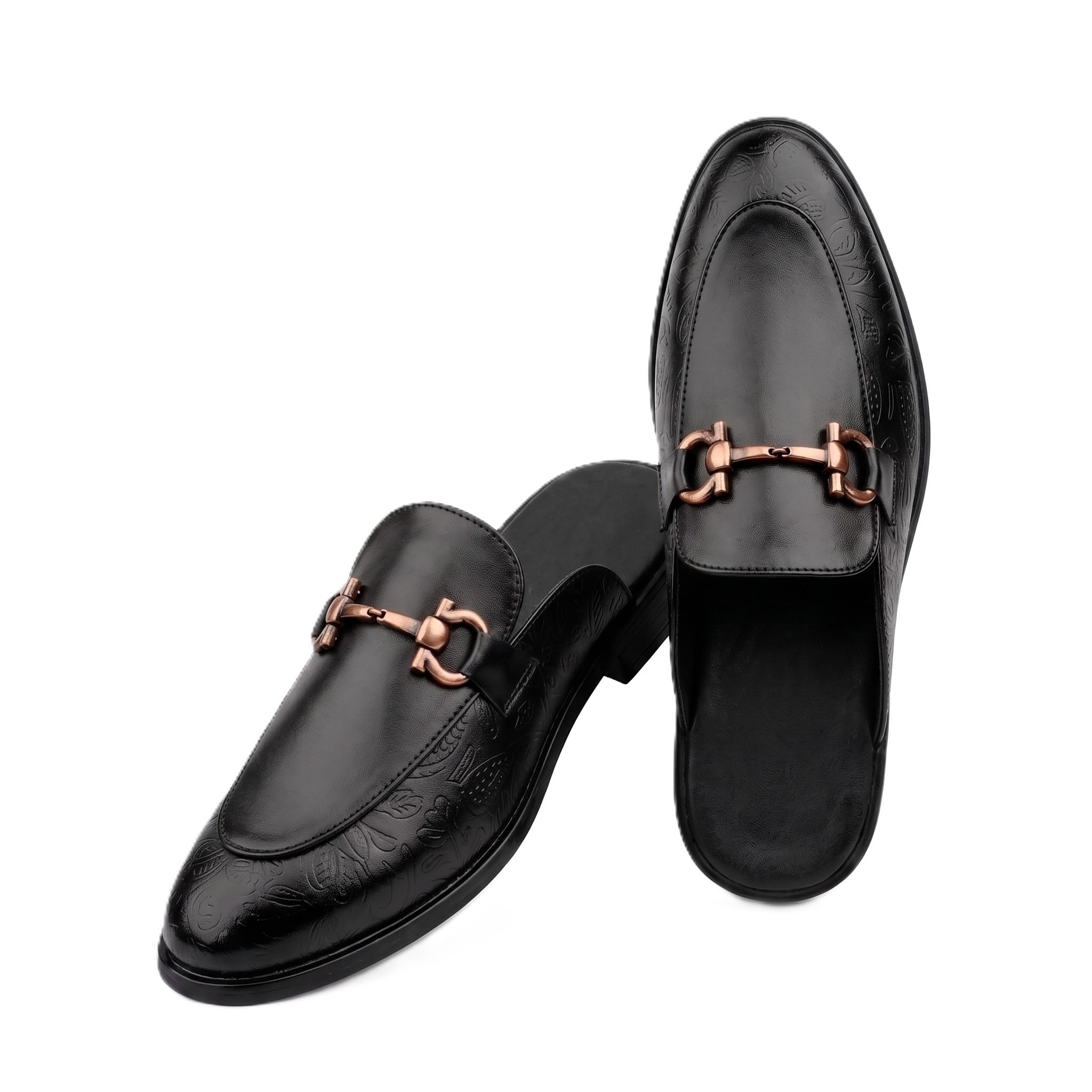 bxxy Men's Faux Leather Smart Casual Slipon Mules | Stylish Floral Design Flat Sandals with Metal Bit Detailing & Light TPR Sole-picture-27