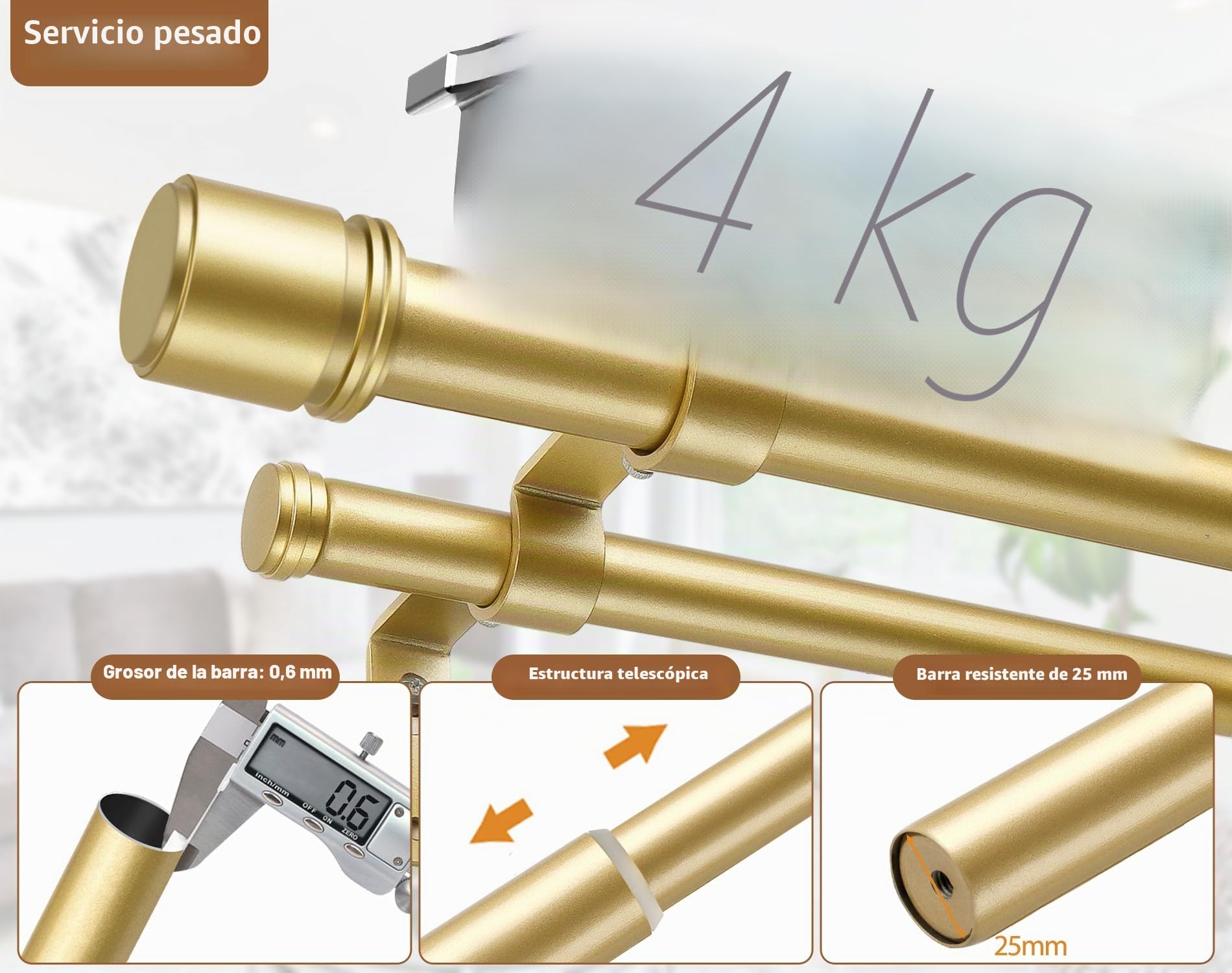 HOTOZON Barra Doble para Cortinas Dorada 190-355 cm, Barras Extensibles de 25 mm para Cortinas con Ojales, Barra para Cortinas de Ventana Montada en la Pared con Remates con Tapón Para Salón