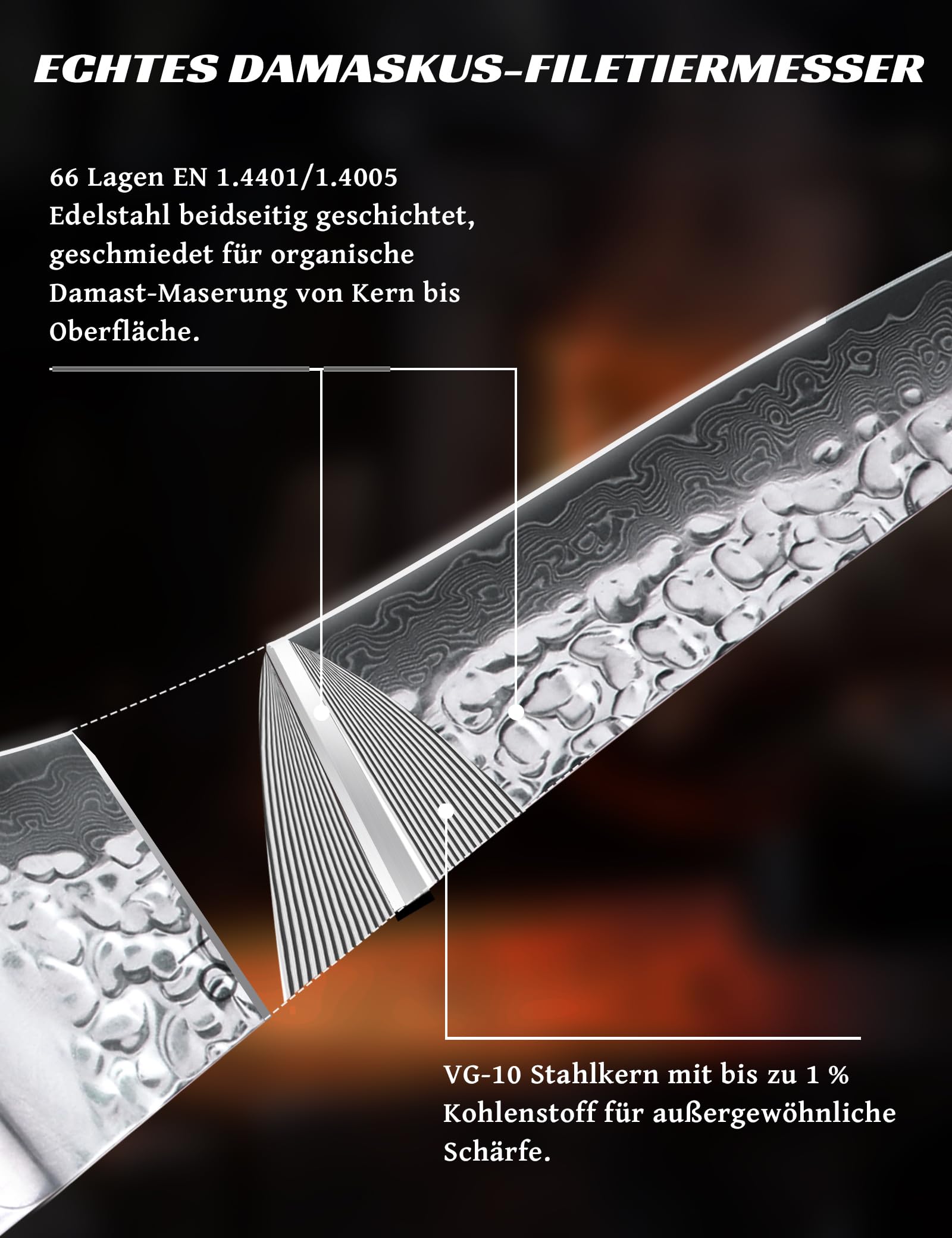 Nóż do filetowania ryb i mięsa, rdzeń VG-10 stal damasceńska 67 warstw, premium kuty nóż wędkarski o trwałej ostrości do filetowania i czyszczenia