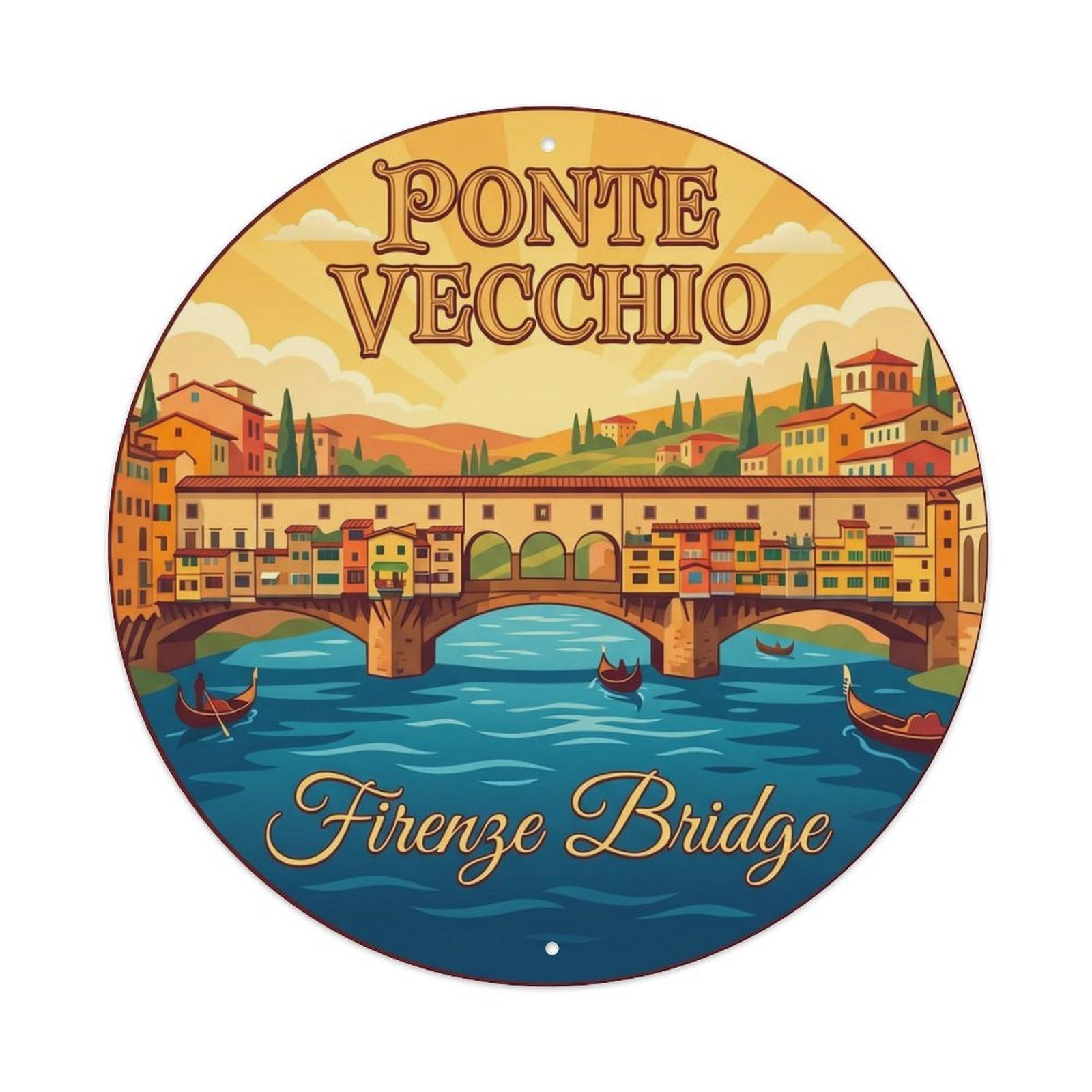 Vintage Travel Ponte Vecchio Italy Metal Tin Sign Plaque Wall Decor for Cafe, Club, Garden Round Metal Poster 8x8Inch