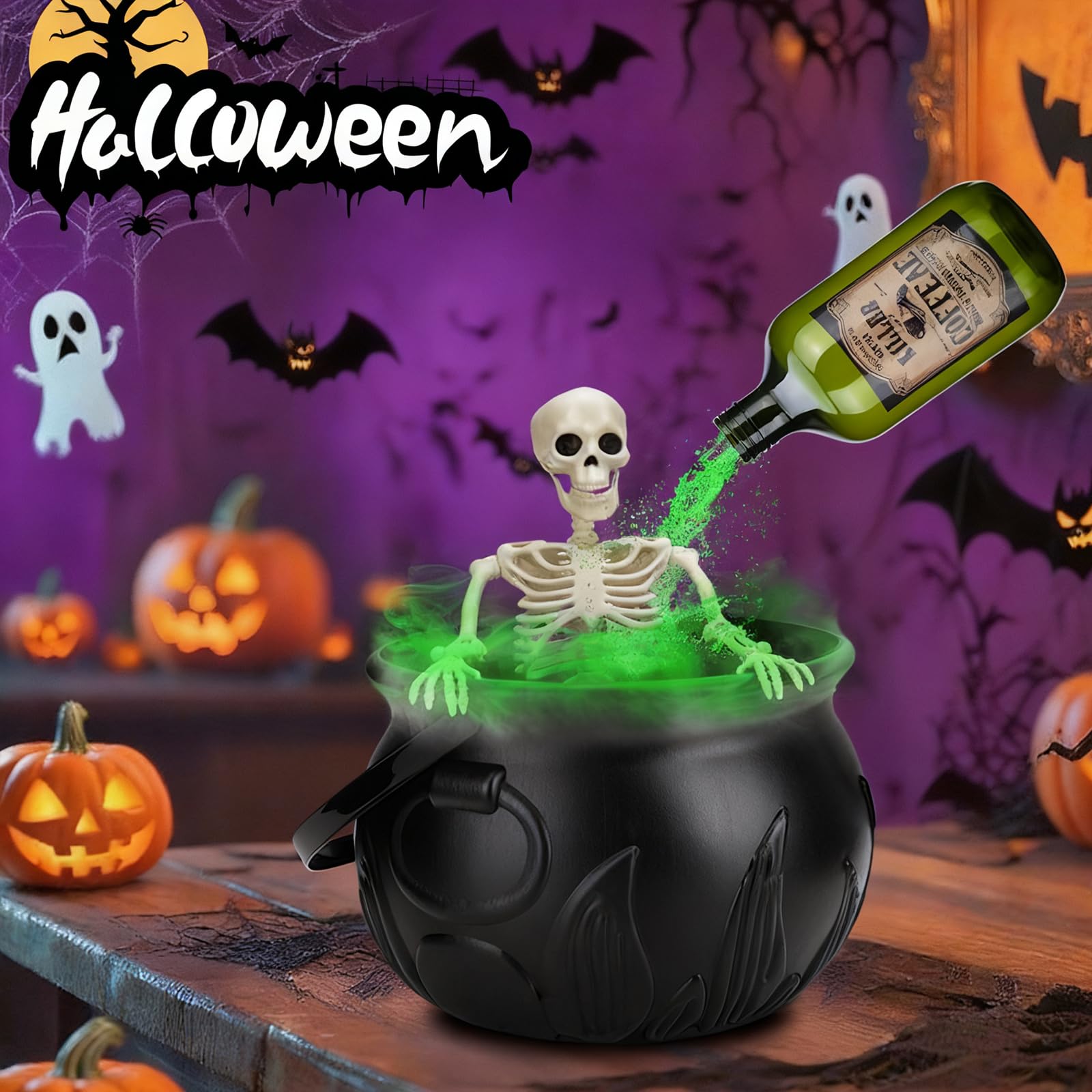 Dekoracje na Halloween do wnętrz – kociołek czarownic – kompletny zestaw dekoracyjny na Halloween z realistycznymi butelkami na mgiełkę i magiczne pływające eliksiry, wewnętrzny straszny szkielet