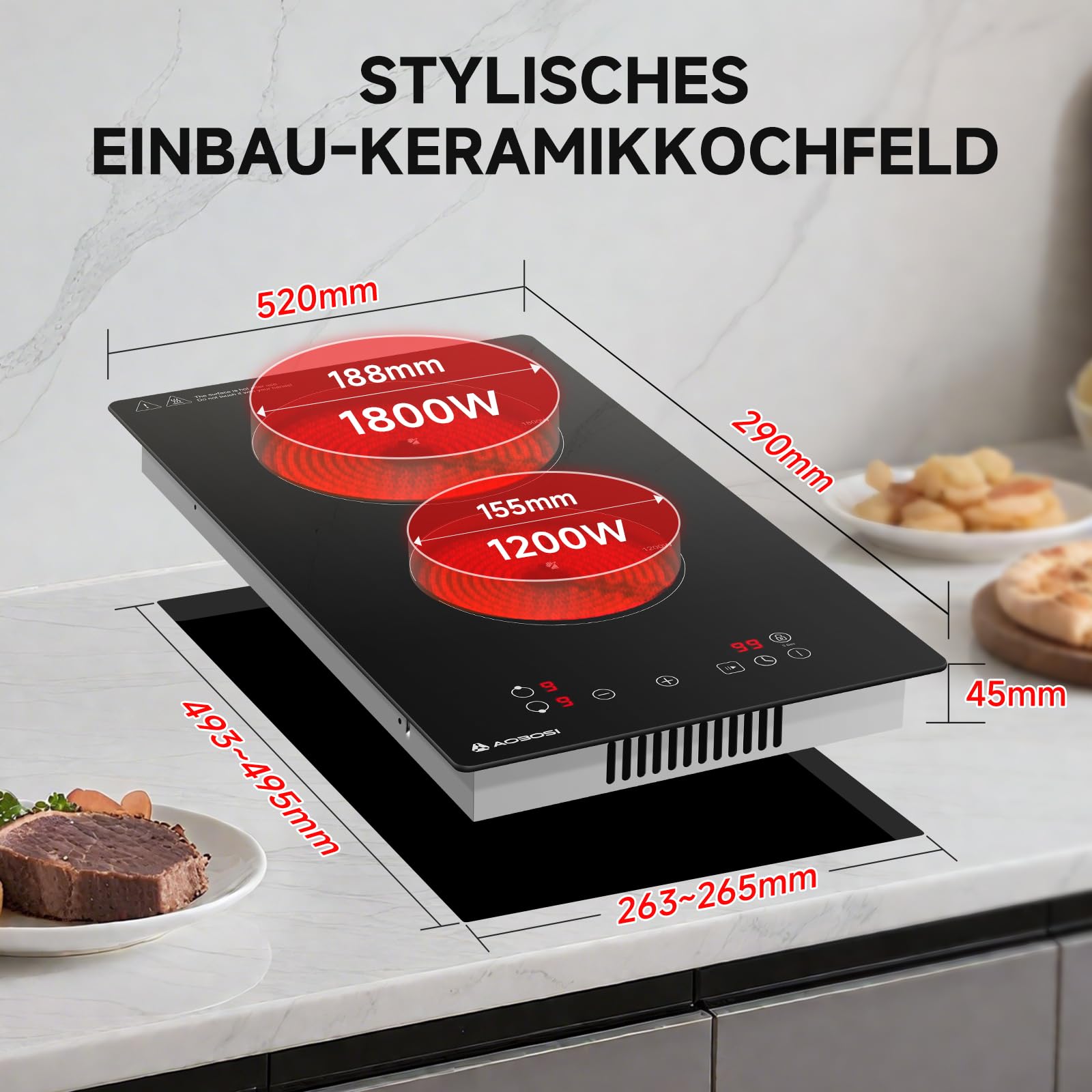 Aobosi Glaskeramikkochfeld 2 Platten, Domino Kochfeld mit Touch-Steuerung, Kindersicherung, 3000W