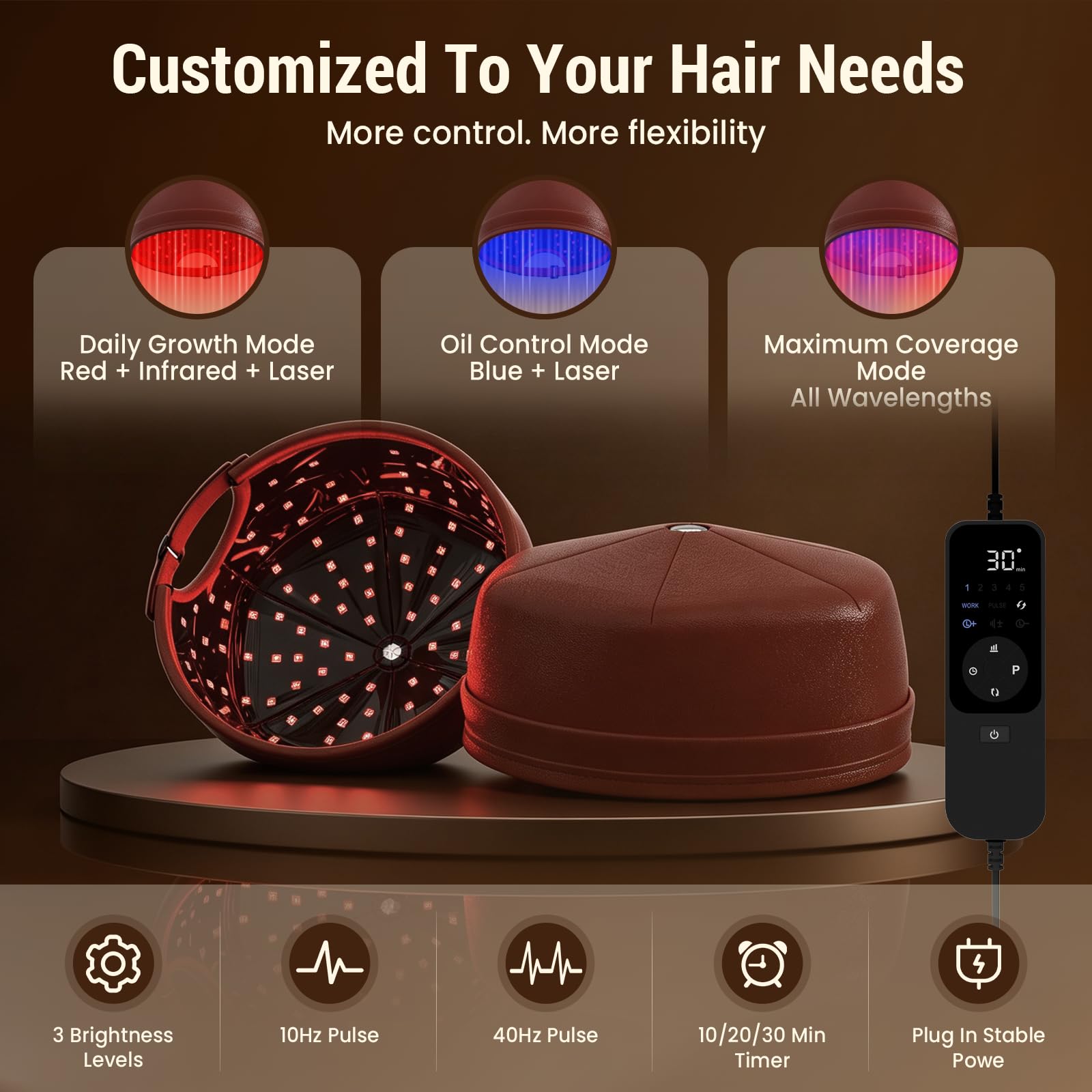Laser Capilar para Cabello con Precisión Láser & Cobertura LED, 120 Perlas 460nm/660nm/850nm Gorro de Luz Infrarroja y Roja para el Soporte del Cabello Ralo, 3 Modos & 5 Intensidades (marrón)