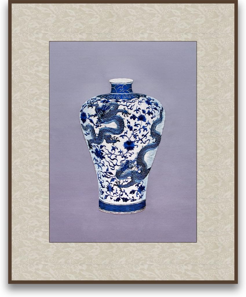 Art of Silk Hand Designed Silk Art - Dragon and Lotus Plum Vase - Silk Embroidery - Unframed