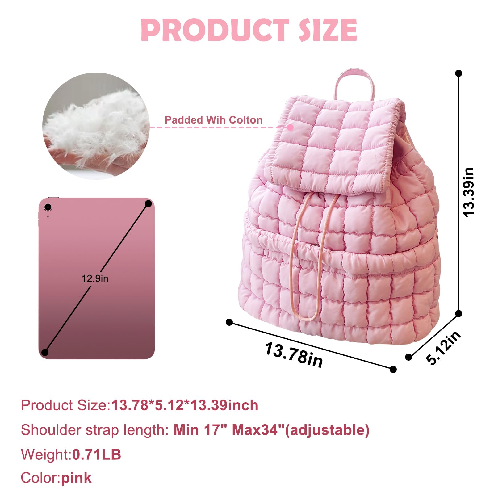 KJMYYXGS Quilted Puffer Backpack for Women Travel Lightweight String Backpack Drawstring Padding Gym Bag, Pink