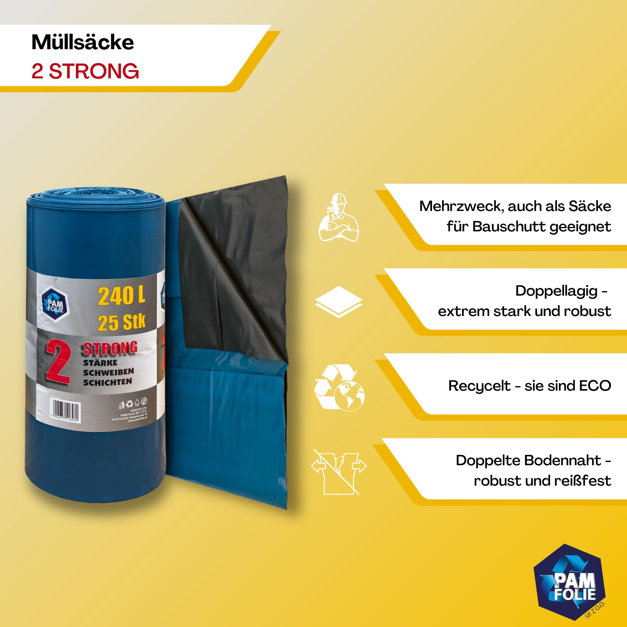 Extra Starke Müllsäcke 240L - 25 Stück - Große, Dicke Abfallsäcke - 100x125cm - Doppelschicht - schwarzer, blauer Müllbeutel - Bauschuttsäcke - Bauschuttsäcke, universal